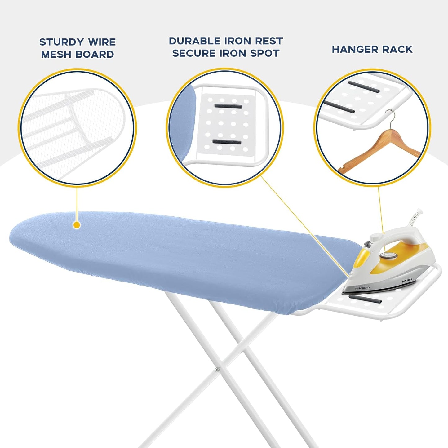Full Size Ironing Board with Iron Rest, Heavy Duty Compact Ironing Board 43"x13" with Thick Cover and Pad, Height Adjustable Sturdy Iron Stand, Blue