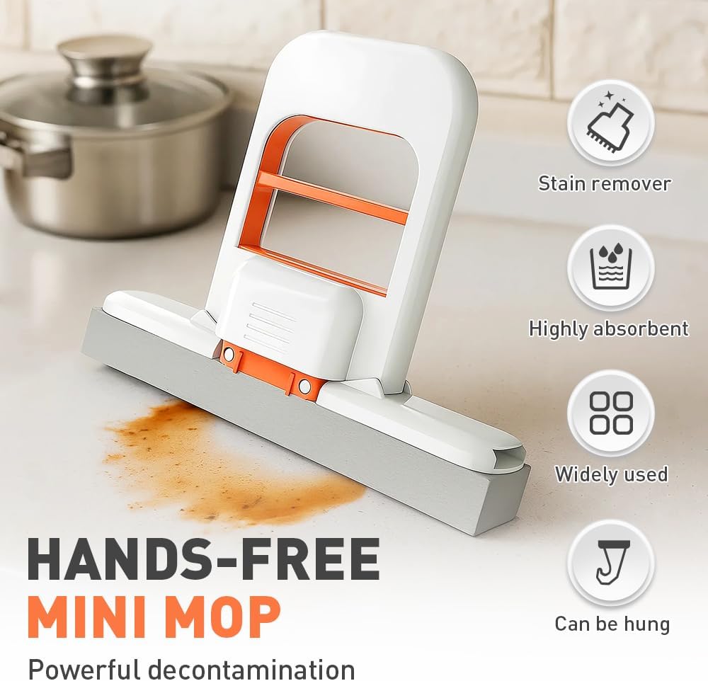 Mini Foldable Desktop Mop, Wet and Dry Portable Cleaning Sponge Mop,Self Squeezing Mini Sponge Mop with One Replaceable Head,for Small Spaces,Bathroom,Kitchen,Glass (Orange+Black)