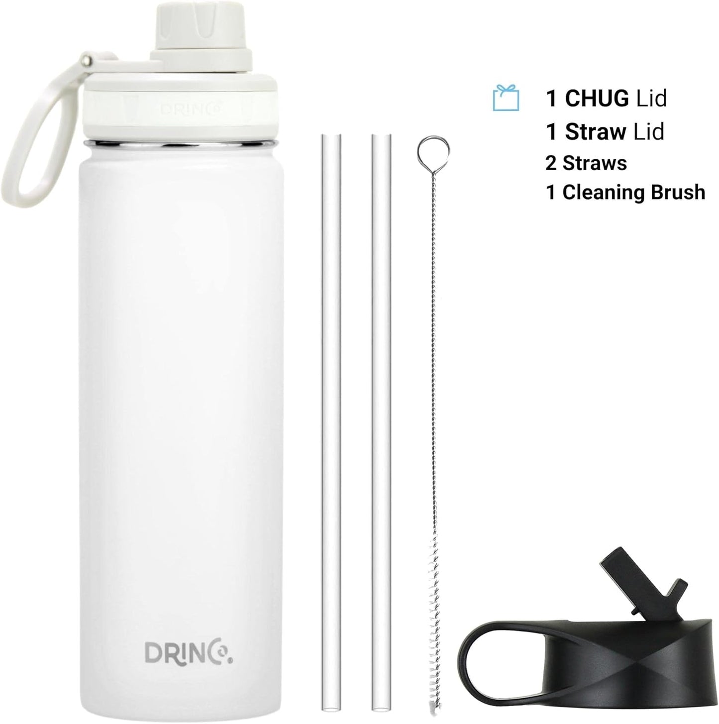 DRINCO Stainless Steel Water Bottle Spout Lid Vacuum Insulated Double Wall Water Bottle Wide Mouth (40oz 32oz 22oz 18oz 14oz) Leak Proof Keeps Cold or Hot (22 oz, 22oz Artic White)
