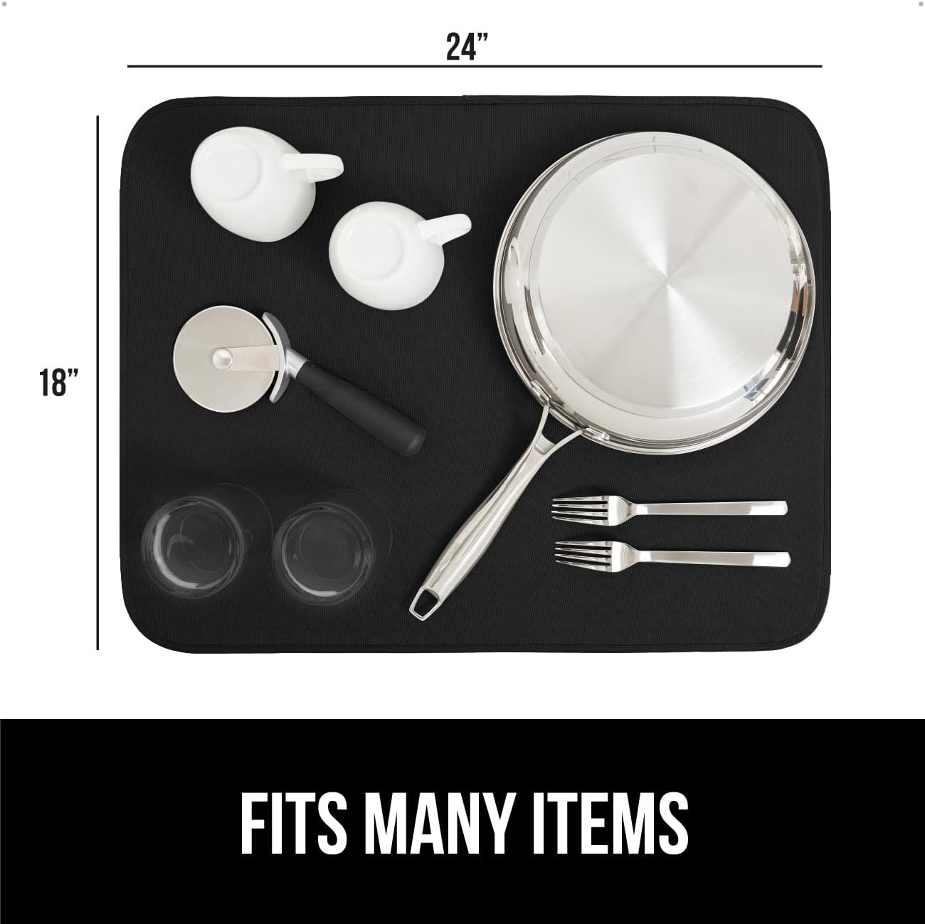 GORILLA GRIP Ultra Water Absorbent Microfiber Dish Drying Mat, 18x24, Quick Dry Thick Mesh, Slip Resistant Pad for Sink Dishes or Under Rack, Kitchen Counter Accessories, Machine Wash, 2 Pack Black