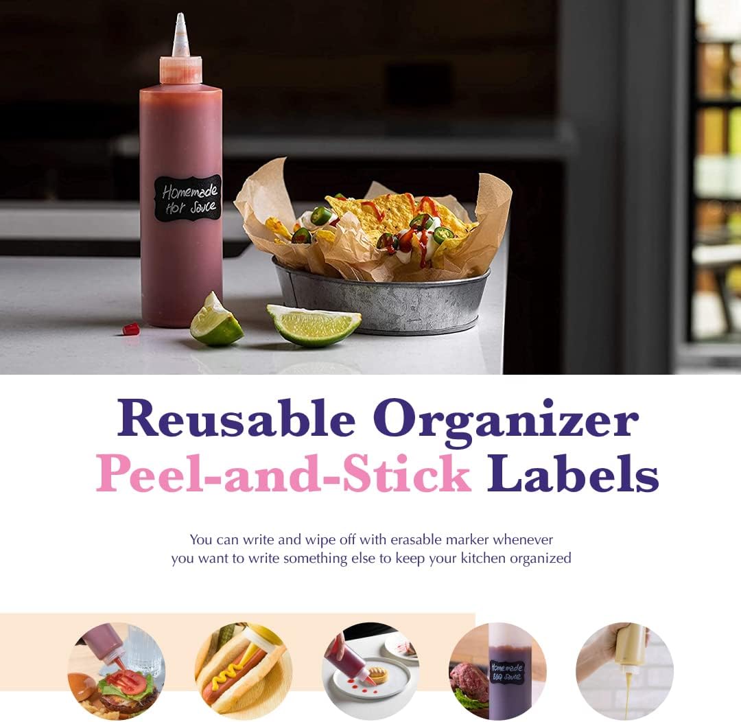 6-Pack Condiment Squeeze Bottles for Sauces - Includes Funnel, Erasable Marker & Reusable Labels, Perfect for Salad Dressings, Liquids, and Ketchup, Durable Plastic 32 oz Bottles
