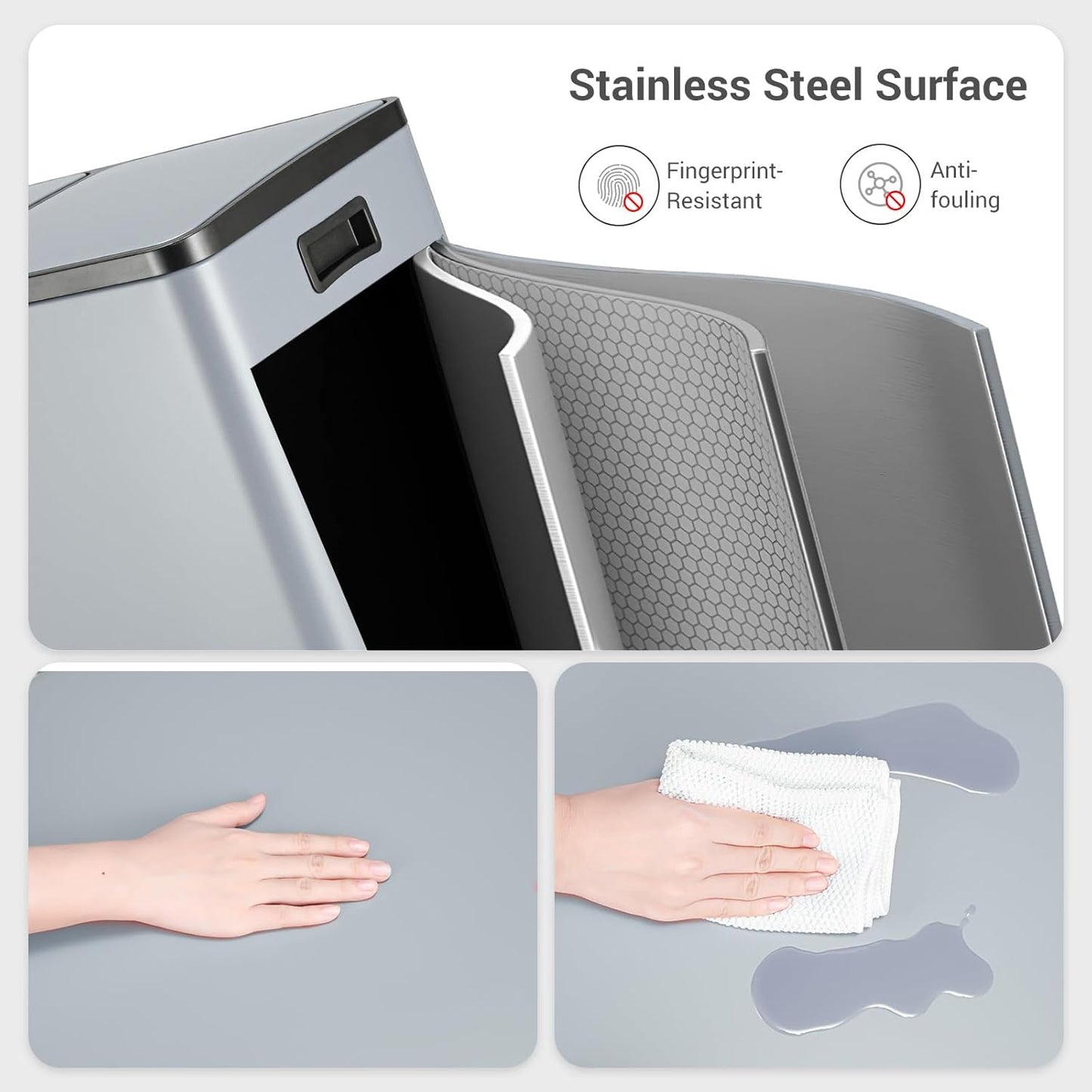 Arlopu 16 GallonStainless Steel Trash Can, 60L Dual Compartment, Metal Kitchen Step Recycle Bin, Metal Double Dustbin, in-Home Garbage Rubbish Can W/Removable Liner Buckets (Haze Blue)