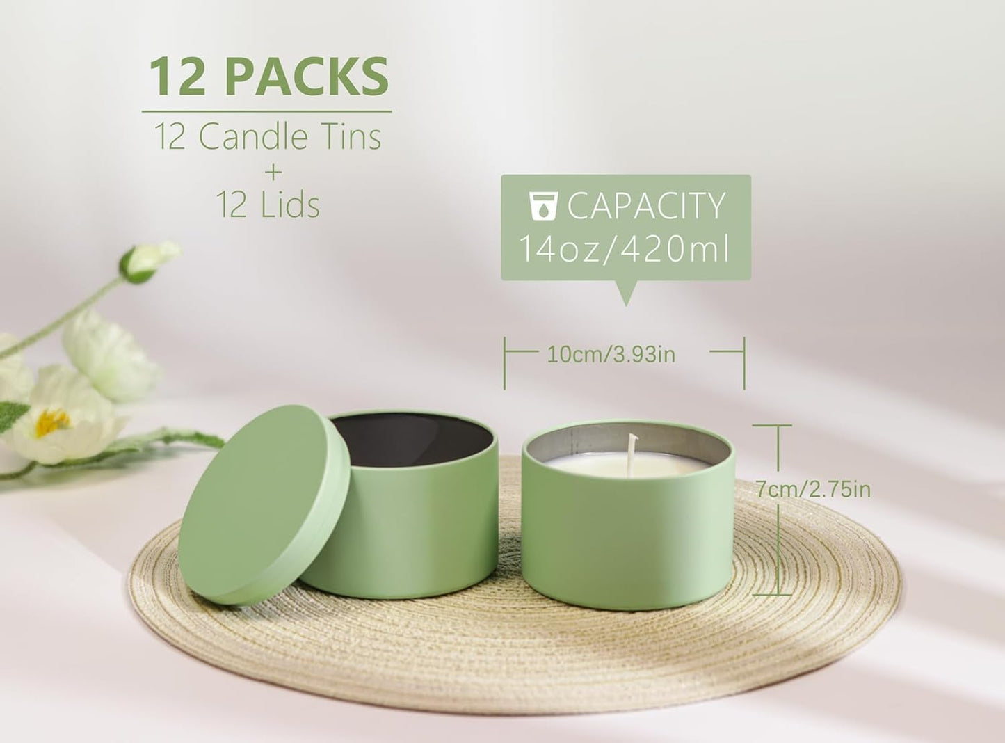 Candle Tins with Lids, 3 Wicks Candle Jars 14oz/420ml Candle Containers 12 Pack Seamless Bulk Candle Containers for Candle Making Supplies Wholesale Empty Candle Jars - Mint