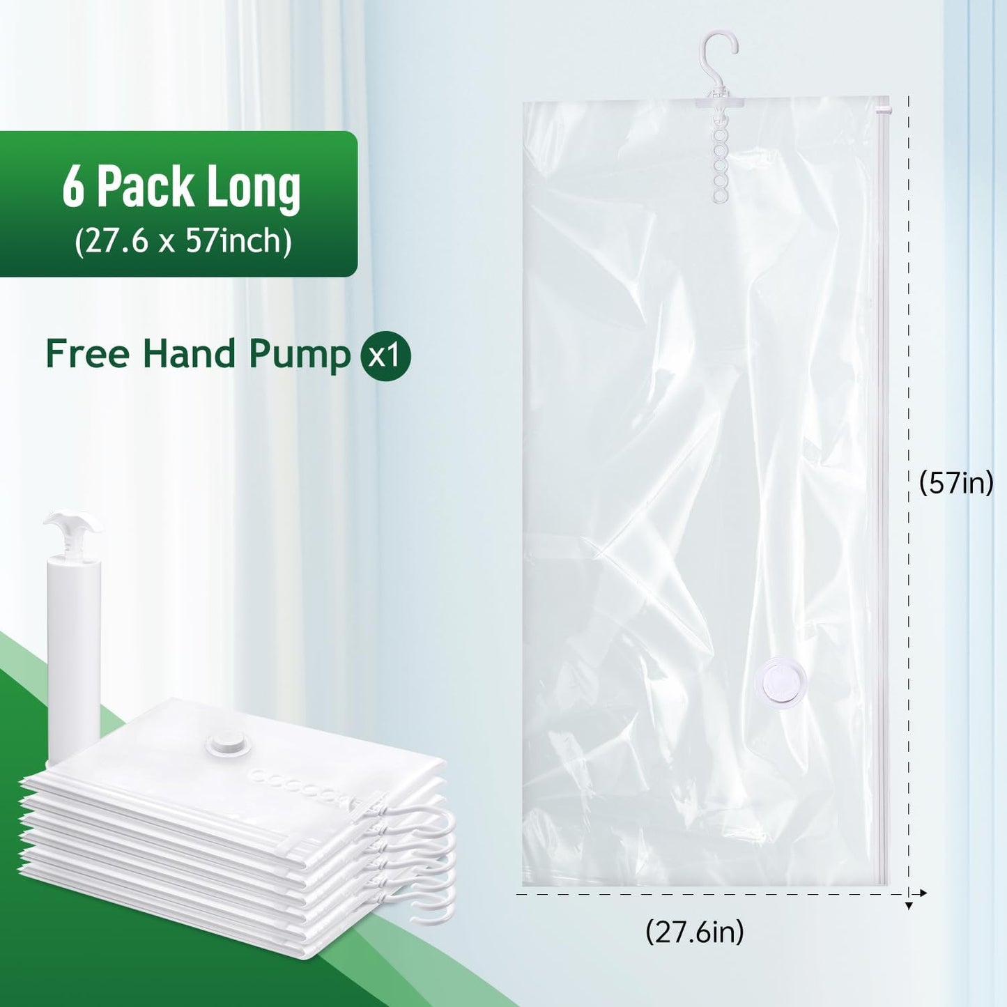 Hanging Vacuum Storage Bags For Clothes With Hand Pump,Coat Storage Bag Hanging,Vacuum Bags For Clothes,Space Saver Vacuum Storage Bags,Garment, Clothing, Dress, Suit, Long Coat, Jacket(Long 6 Pack）