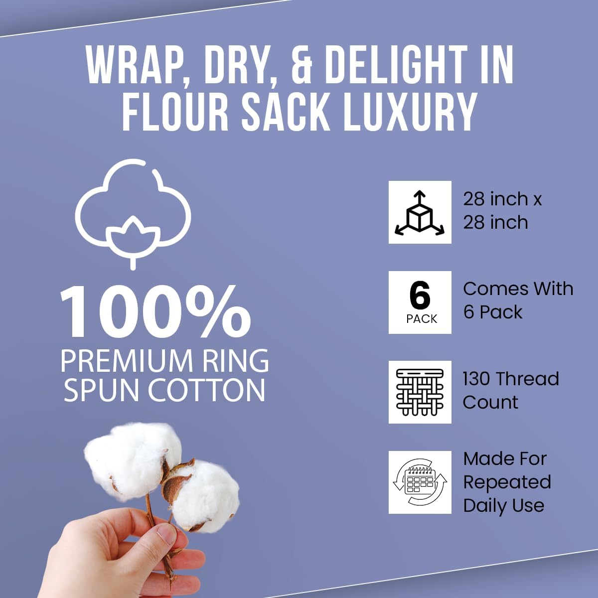 WHITEWRAP Flour Sack Towels| Tea Towel for Crafts| Kitchen Dish Cotton Blank Towel for Embroidery|Baking Bread Proofing Linen Cover| Thick Absorbent Quick Dry| 6 Pack 28"x28" Natural