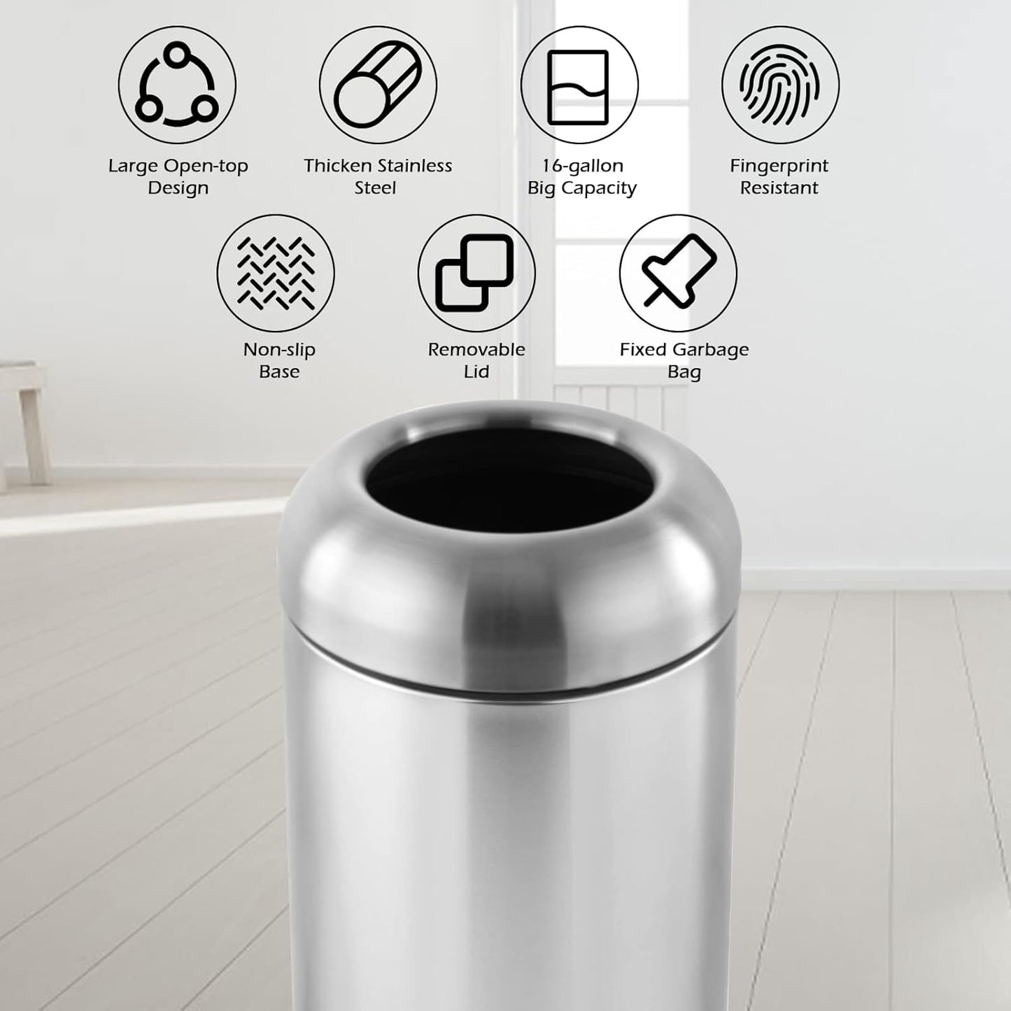 Dyna-Living Large Trash Can Outdoor Stainless Steel Garbage Can with Lid Open Top Tall Trash Bin Commercial Big Kitchen Garbage Bin Industrial Waste Container (Silver)