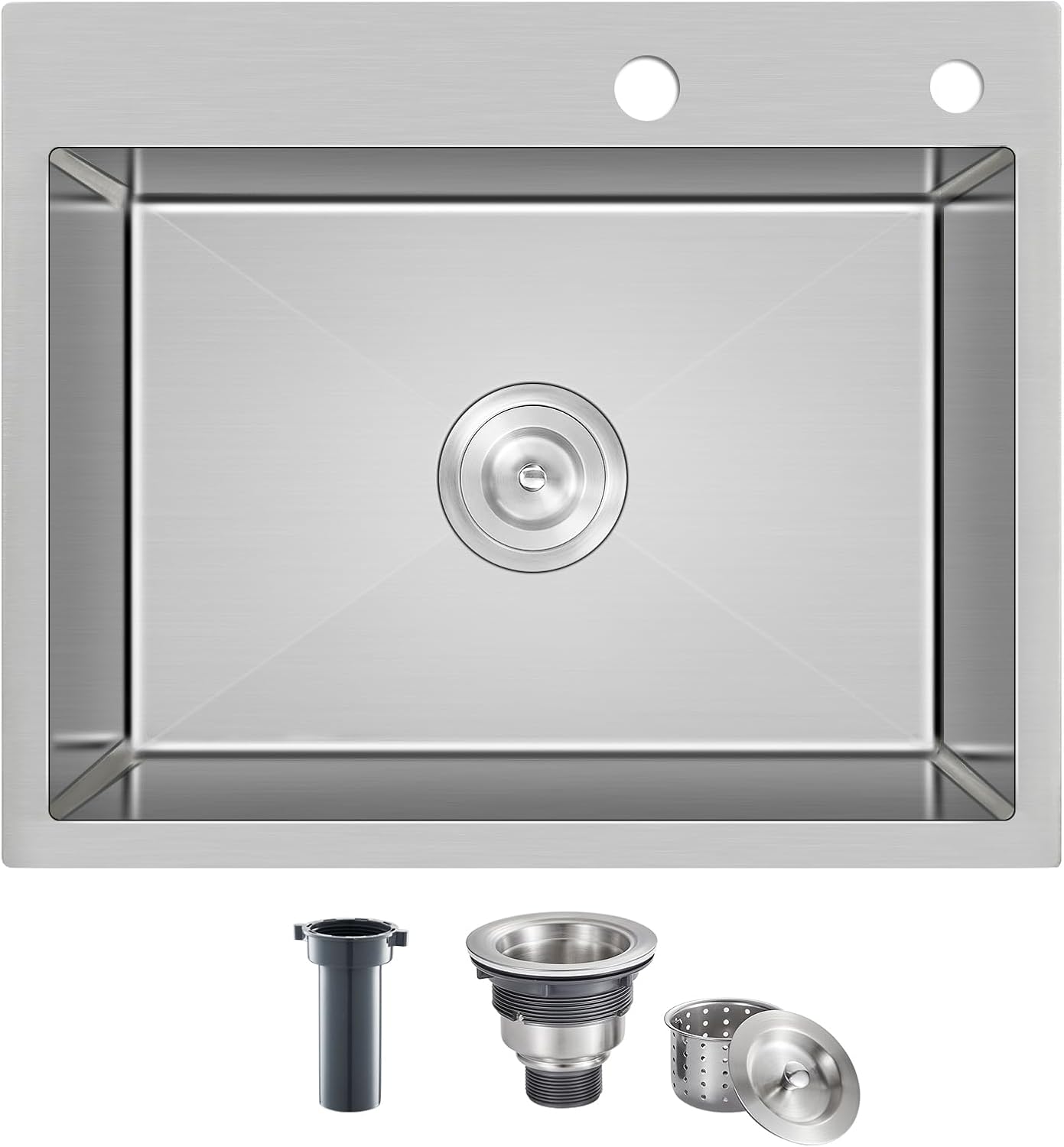 25x18 Inch Kitchen Sink Drop in, Premium T-304 Grade Stainless Steel Sink, 9" Deep Single Bowl with Brushed Finish, R10 Tight Corner, 2 Pre-Drilled Holes, Topmount Sink with Strainer