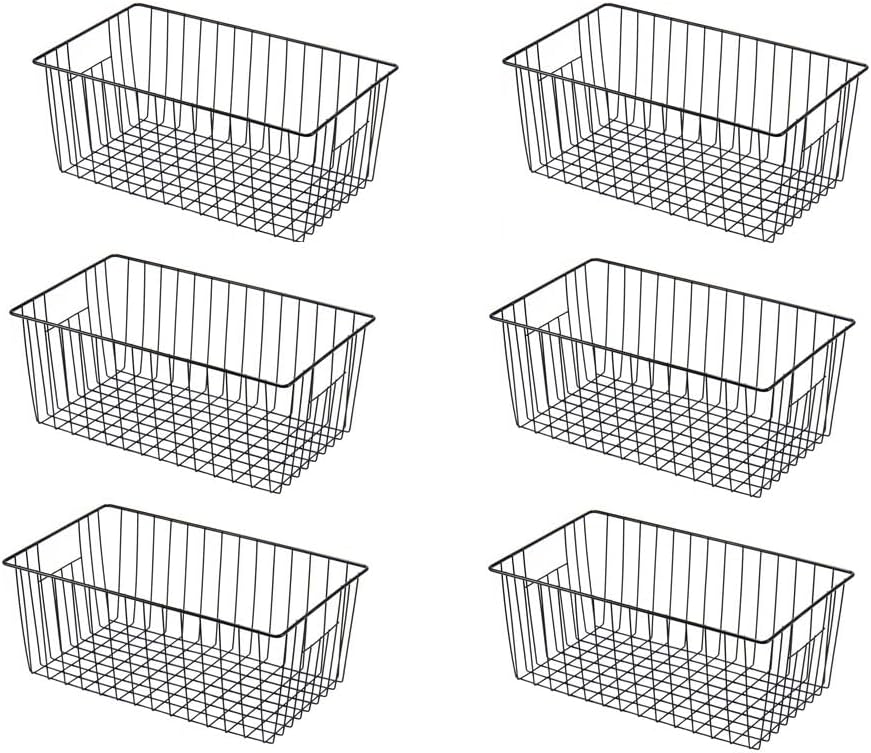16inch Freezer Wire Storage Organizer Baskets, Household Refrigerator Bins with Built-in Handles, Black, 6PACK