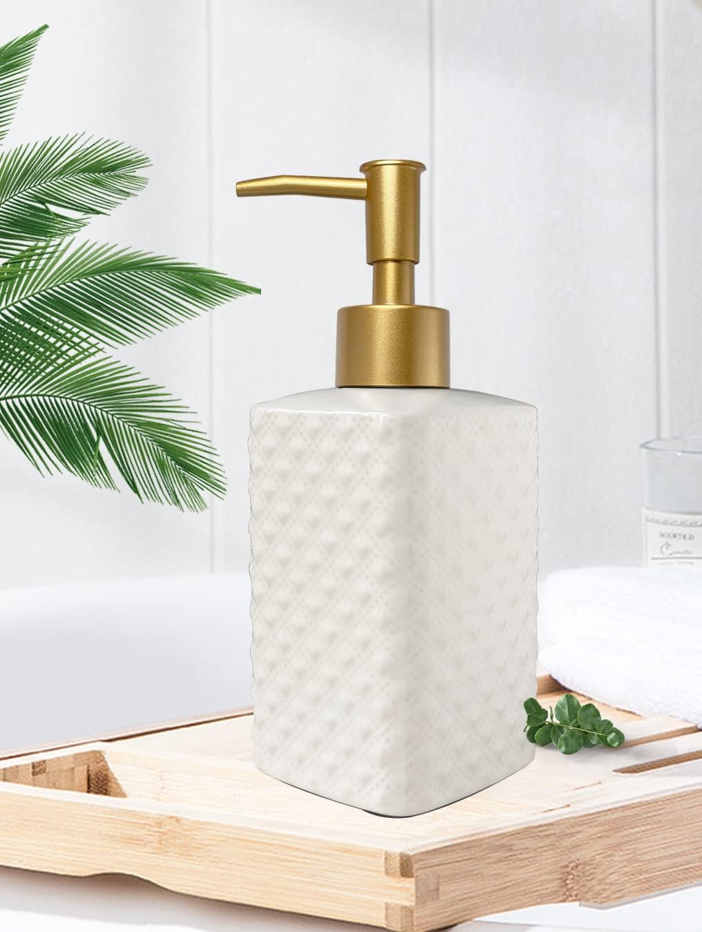 Chic Unique White Soap Dispenser for Bathroom with Golden Pump,Lotion Dispenser, Refillable Countertop Ceramic Hand Dispenser,Dish Dispenser for Kitchen 350ml(White Square Bottle)