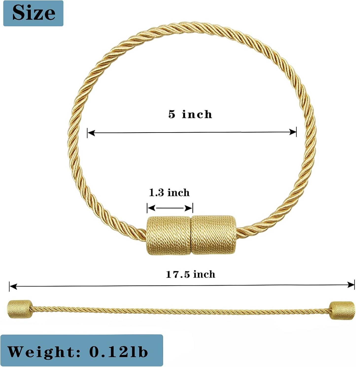 2 Pack Strong Magnetic Curtain Tiebacks Outdoor Elegant Decorative Tie Backs Modern Rope Tiebacks for Drapes Window Curtain Holdbacks for Draperies- Gold