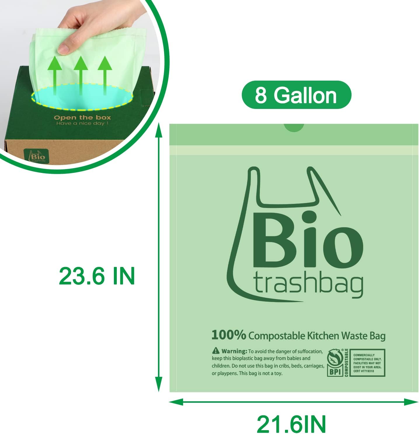 8 Gallon Compostable Trash Bags, 50 Count Drawstring Trash Bags Biodegradable, Heavy Duty Extra Thick Compost Bags, Kitchen Food Scrap Waste Bag, US BPI and OK Compost Home Certified
