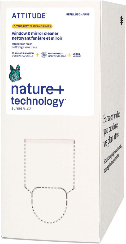 ATTITUDE Window & Mirror Cleaner Refill, EWG Verified, Plant- & Mineral-Based, Vegan & Streak-Free Glass Spray, Citrus Zest Scent, 67.6 Fl Oz