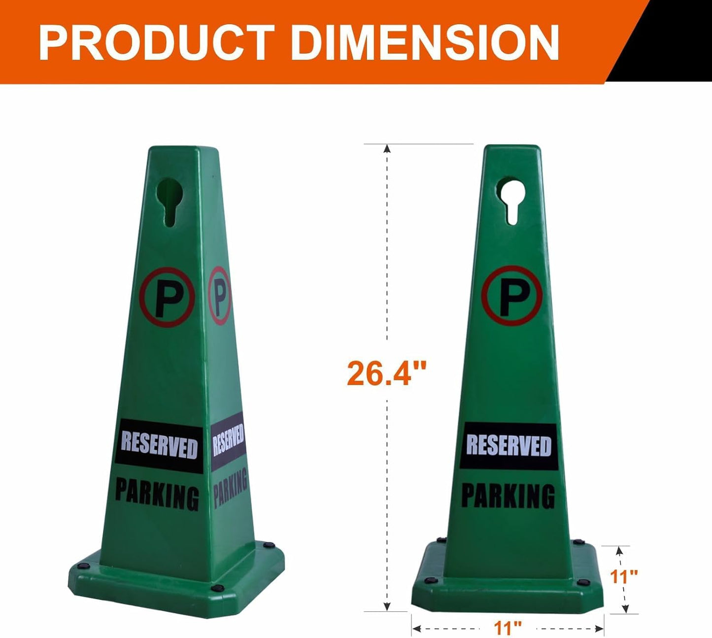 4-Pack 26.5" Caution Cones, 4-Sided Visible Safety Signs with Heavy Rubber Base, Warning for Slip & Fall Prevention, Indoor/Outdoor Use (Green, 4Pcs-Reserved Parking)