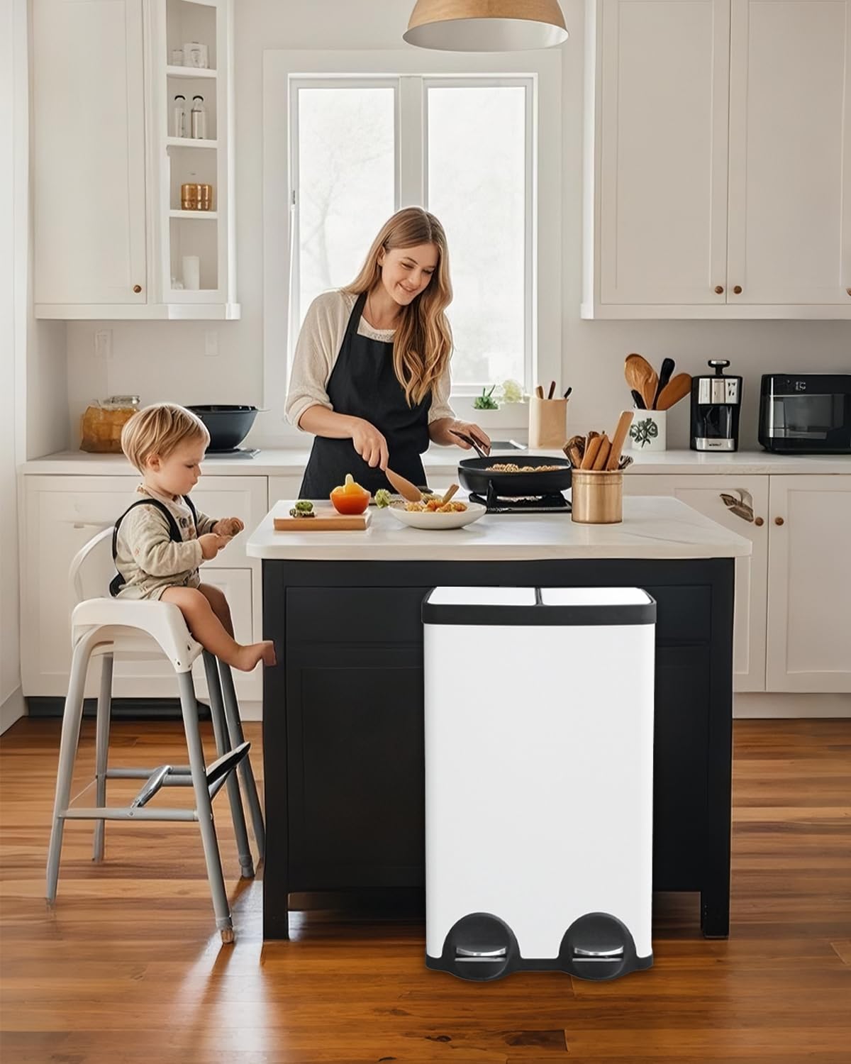 Dual Compartment Stainless Steel Trash Can, 16 Gallon / 60 Liters White Kitchen Garbage Bin with Silent Sealed Lids, Dual Recycling and Trash White for Home & Office