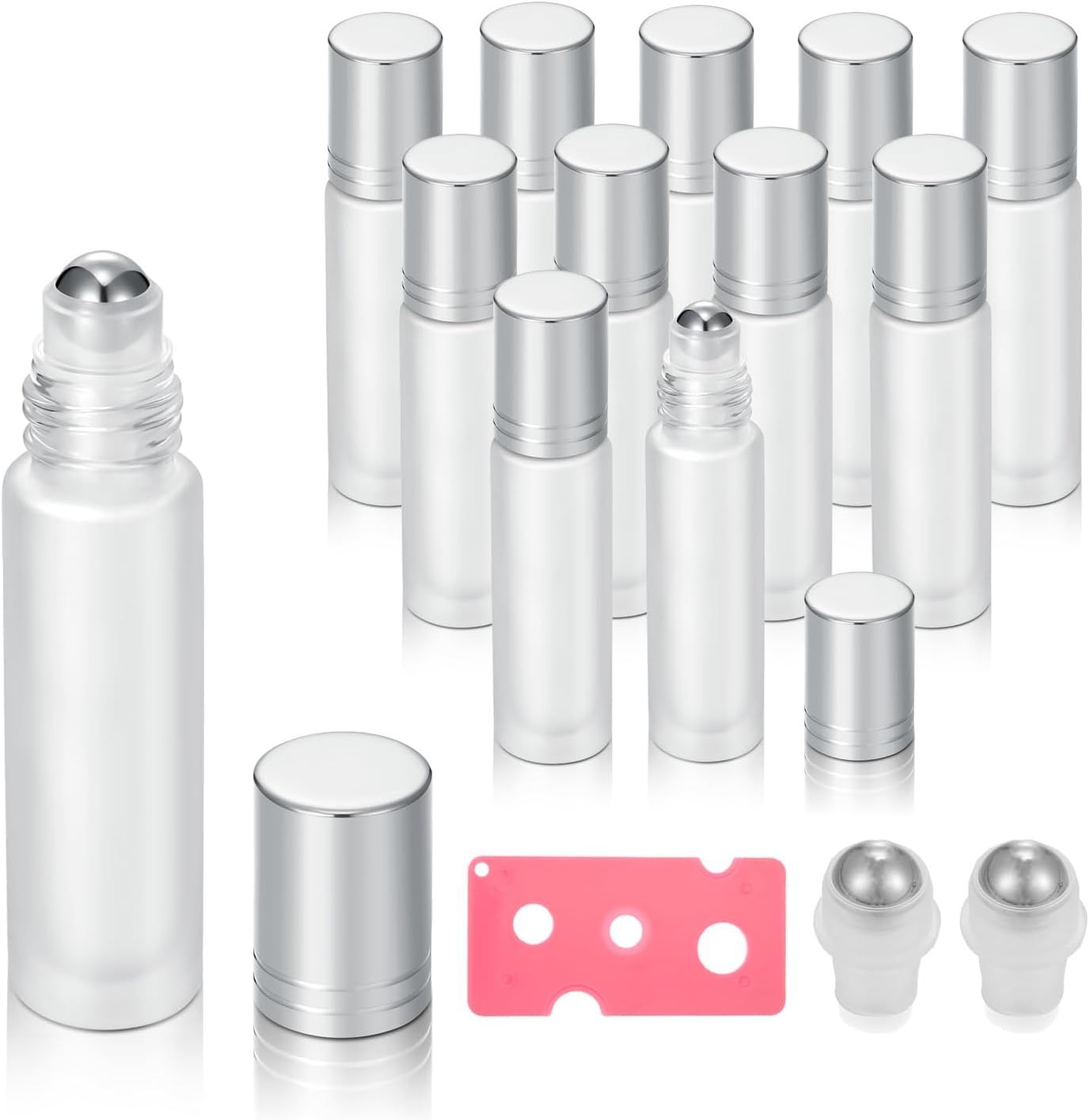 12 Pack Essential Oil Roller Bottles,10ml 0.34oz Empty Frosted Glass Roller Bottles with Stainless Steel Roller Balls and Caps Refillable Container for Perfume Roll on Bottles (12 Pack Silver Caps)
