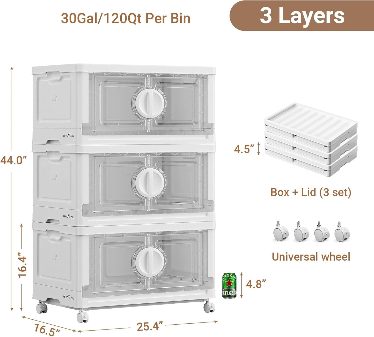 BROVIEW 360Qt Lockable Stackable Storage Bins with Lids, Closet Organizers and Storage Drawer, Collapsible Storage Bin with Wheels, Plastic Cabinet for Toy Clothes Dorm Organizer, V9 3 Pack White