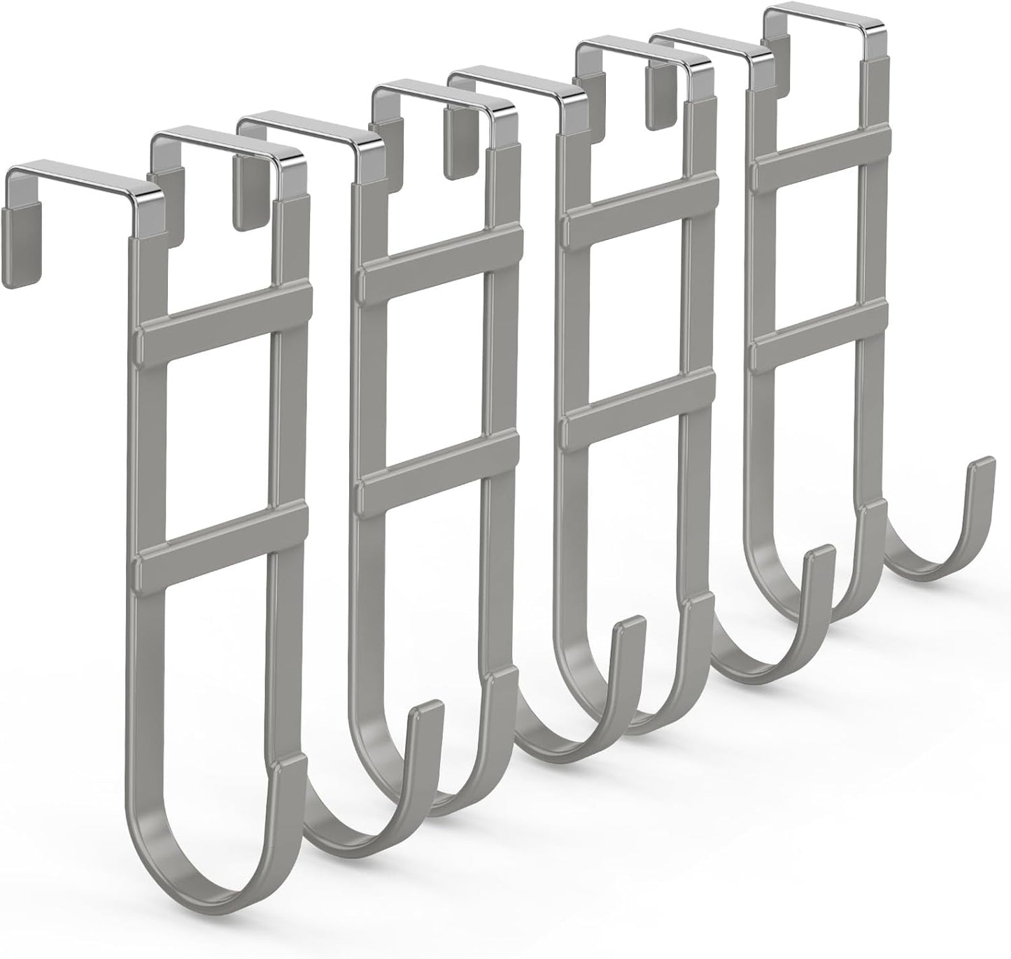 FYY Over The Door Hooks - 4 Pack Heavy Duty Dual-Hook Organizer Hanger with Non-Slip Rubber for Towels, Clothes, Hats & Bags Use in Bathroom, Bedroom, Kitchen - Fits Interior Doors Up to 1.6" Grey