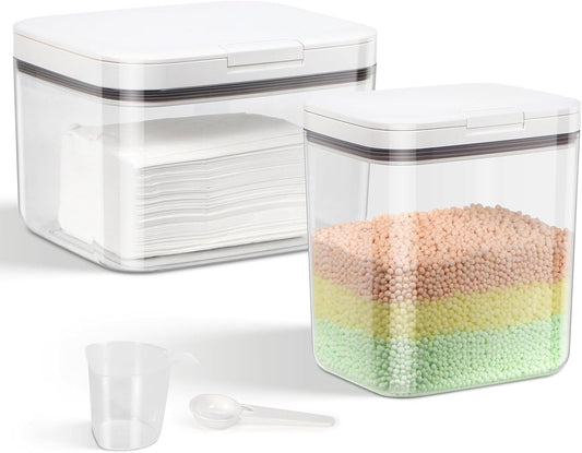 2 Pack Laundry Pods Container with One-Click Pop-up Lid, 95 oz + 68 oz Laundry Room Detergent Storage Container for Laundry Powder, Scent Booster, Dryer Sheet, Dryer Ball, Dishwasher Pod Holder