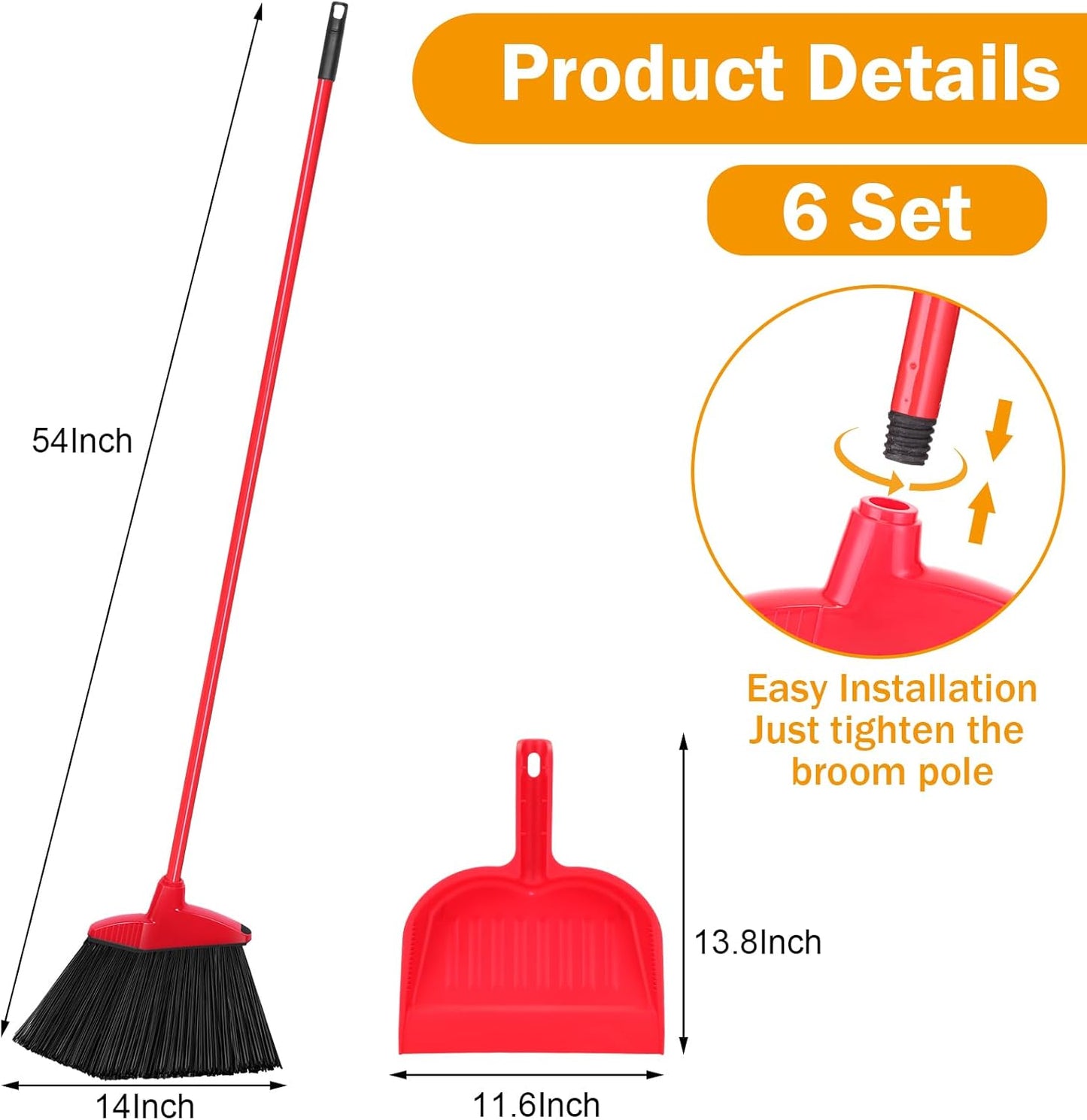 Maxcheck 6 Pcs Broom and Dustpan Set 54 Inch Heavy Duty Indoor Brooms with Dust Pan Combo Bulk for Commercial Shop Angle Home Office Lobby Kitchen(Red)