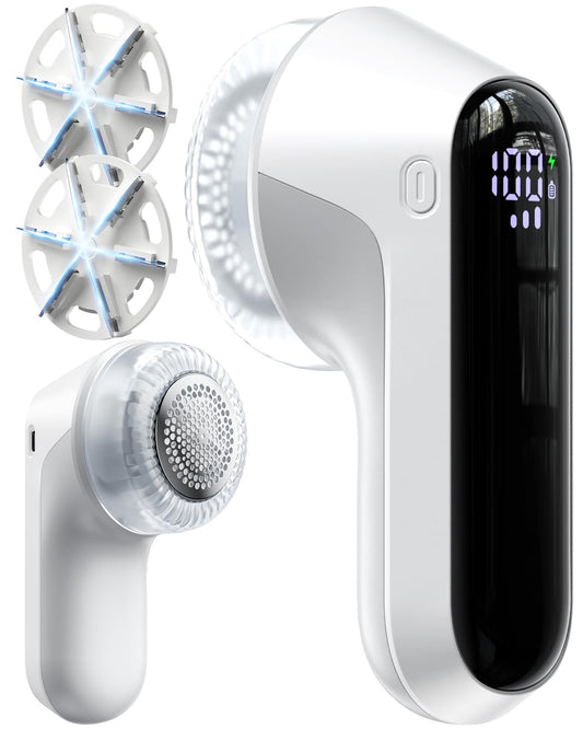 Fabric Shaver, Rechargeable Lint Shaver with Digital Display, Electric Portable Sweater Shaver with 6-Leaf Blades and Safety Lock, 3-Speeds Lint Remover to Remove Pilling for Clothes, Furniture White