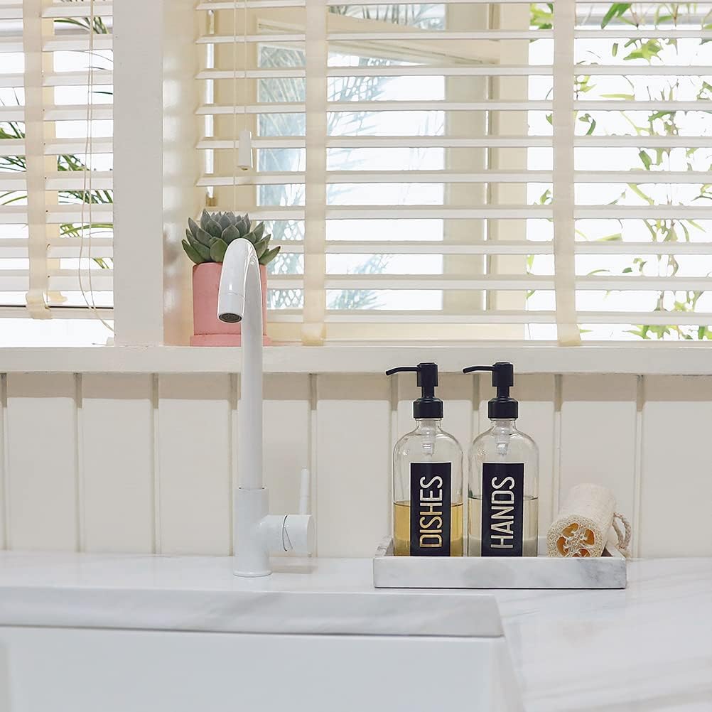 JASAI 2Pack 18OZ Glass Soap Dispenser, Black Stainless Steel Pump, Kitchen Dispenser with Classy Label, Refillable for Dishes