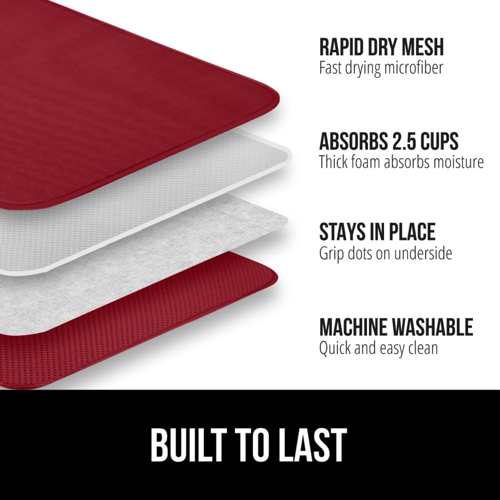 GORILLA GRIP Ultra Water Absorbent Microfiber Dish Drying Mat, 18x32, Quick Dry Thick Mesh, Slip Resistant Pad for Sink Dishes or Under Rack, Kitchen Counter Accessories, Machine Wash Mats, Red