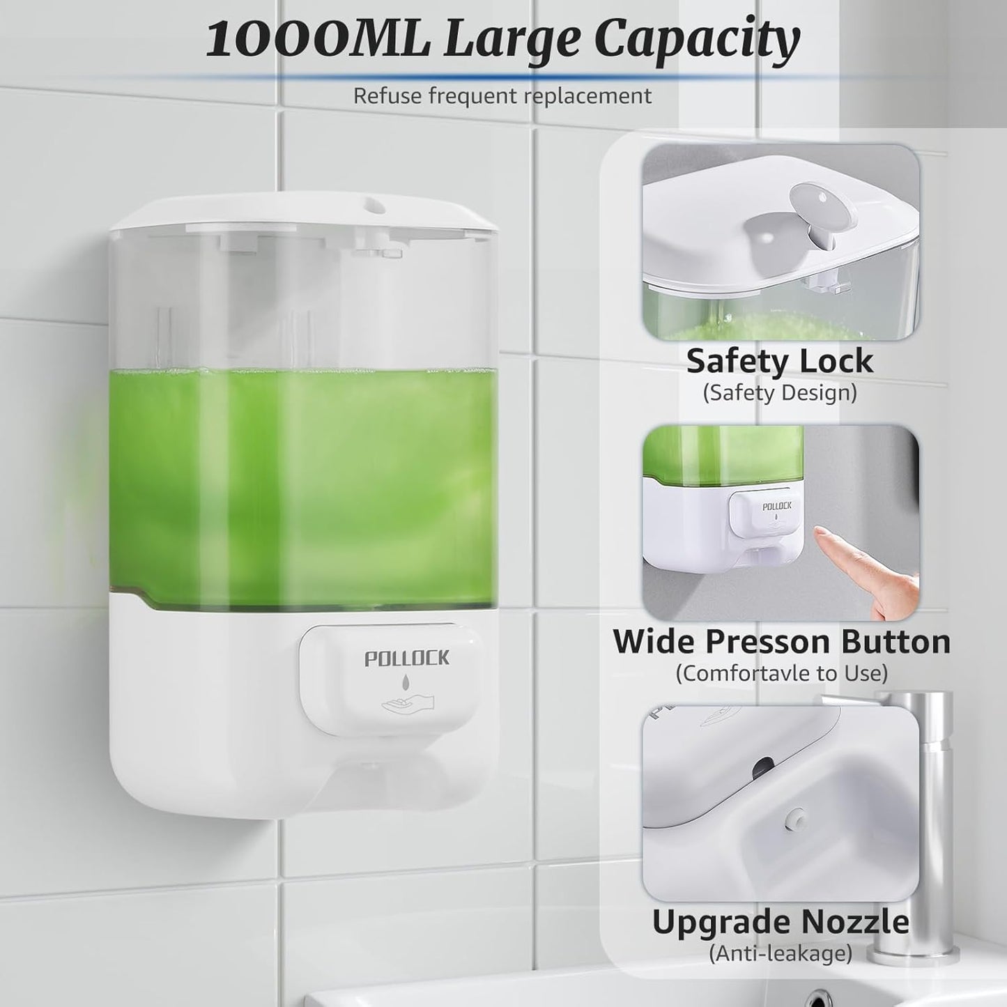 Liquid Soap Dispenser Wall Mounted,Hand Sanitizer Dispenser,Lotion Detergent Container,Dish Wash Dispenser for Kitchen,Commercial Soap Dispenser for Liquid Containers Shampoo Gel Chamber,33.8OZ/1000ML