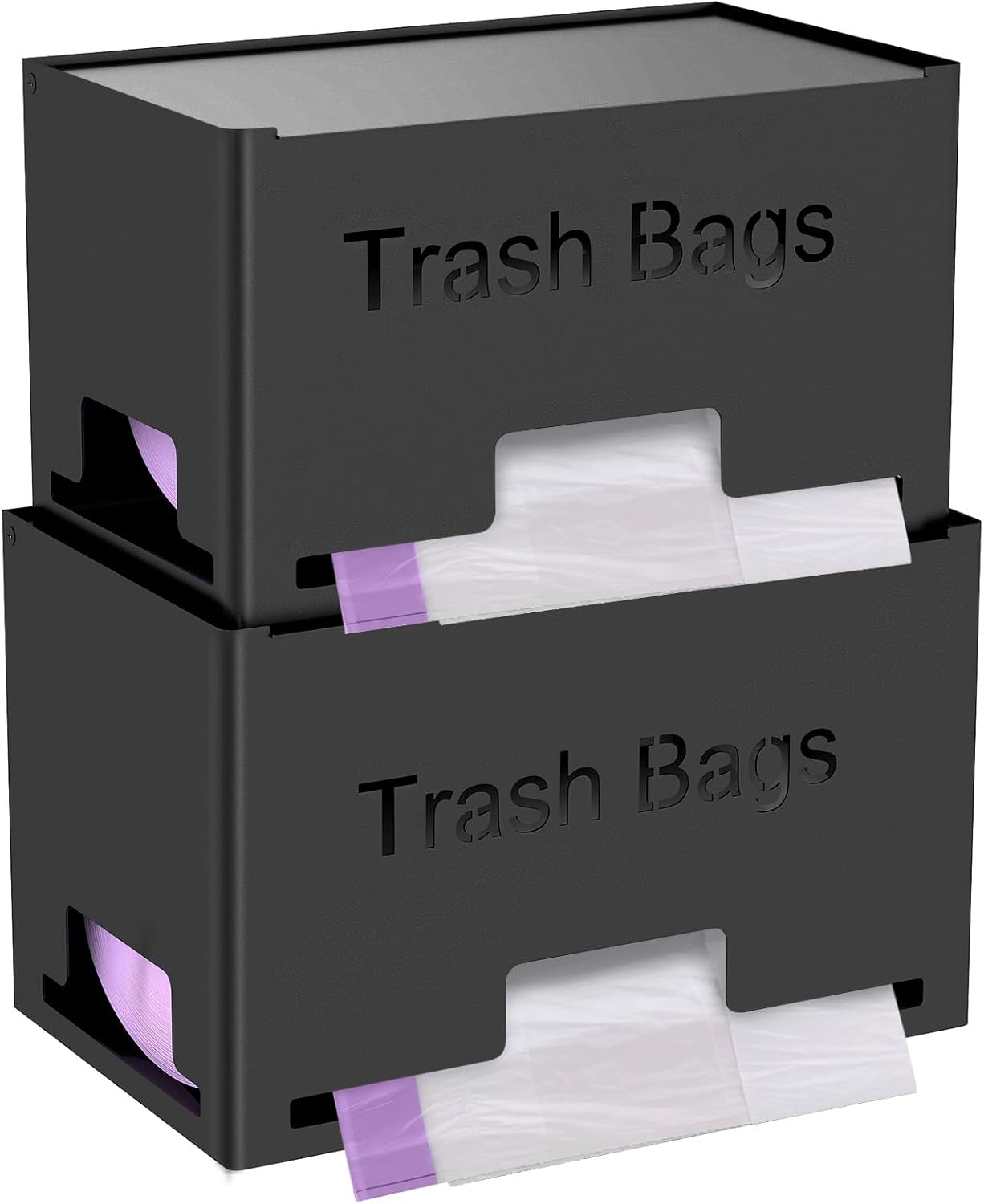 2-Pack Trash Bag Holder Dispenser, Stackable Garbage Bag Dispenser, Extra Large Trash Organizer for Kitchen Laundry Under Sink, Wall Mounted or Freestanding, Metal Black