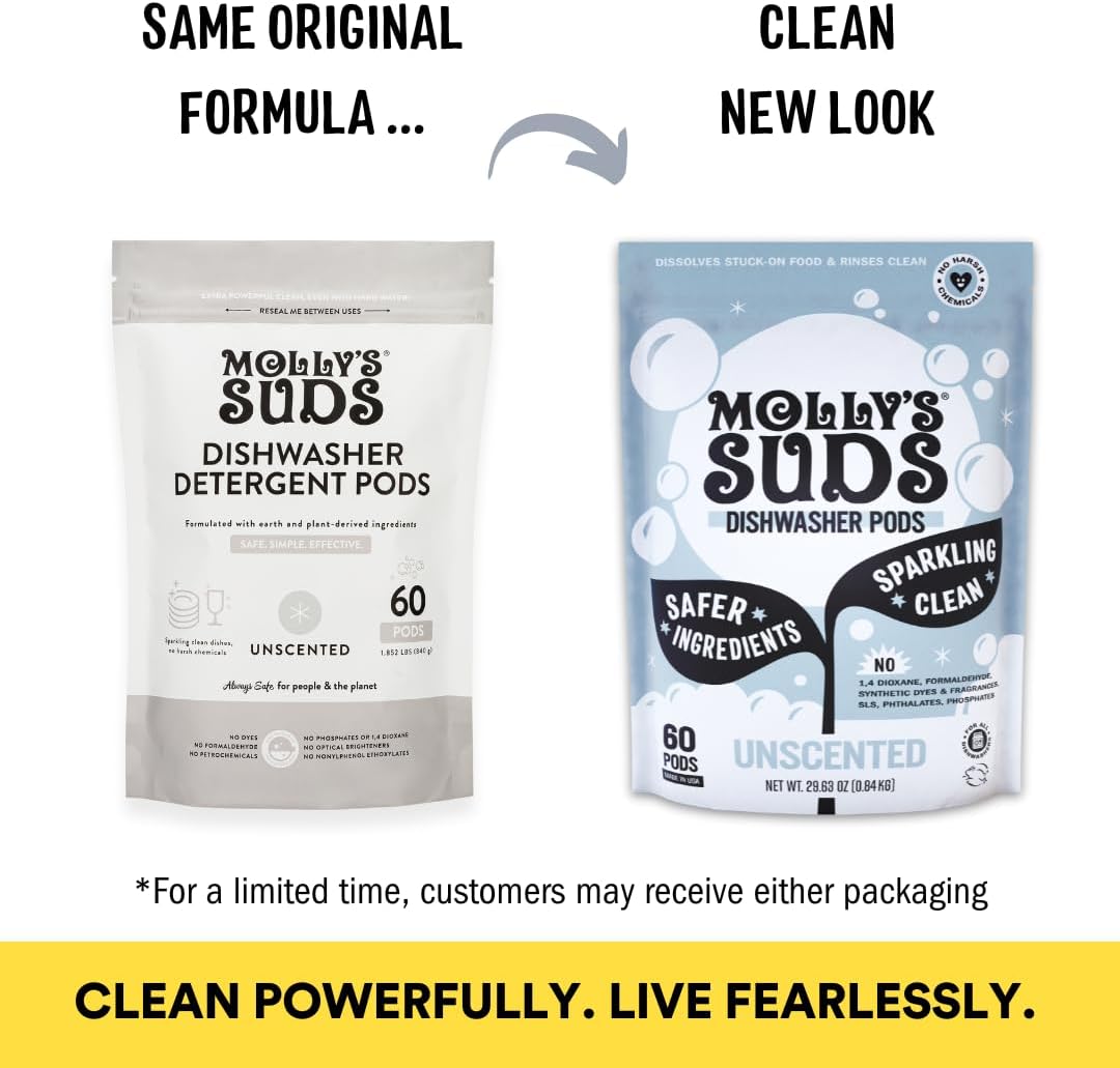Molly's Suds Dishwasher Pods | Clean Dishwasher Detergent, Cuts Grease & Rinses Clean (Residue-Free) for Sparkling Dishes | 60 Auto-Release Tabs (Unscented)