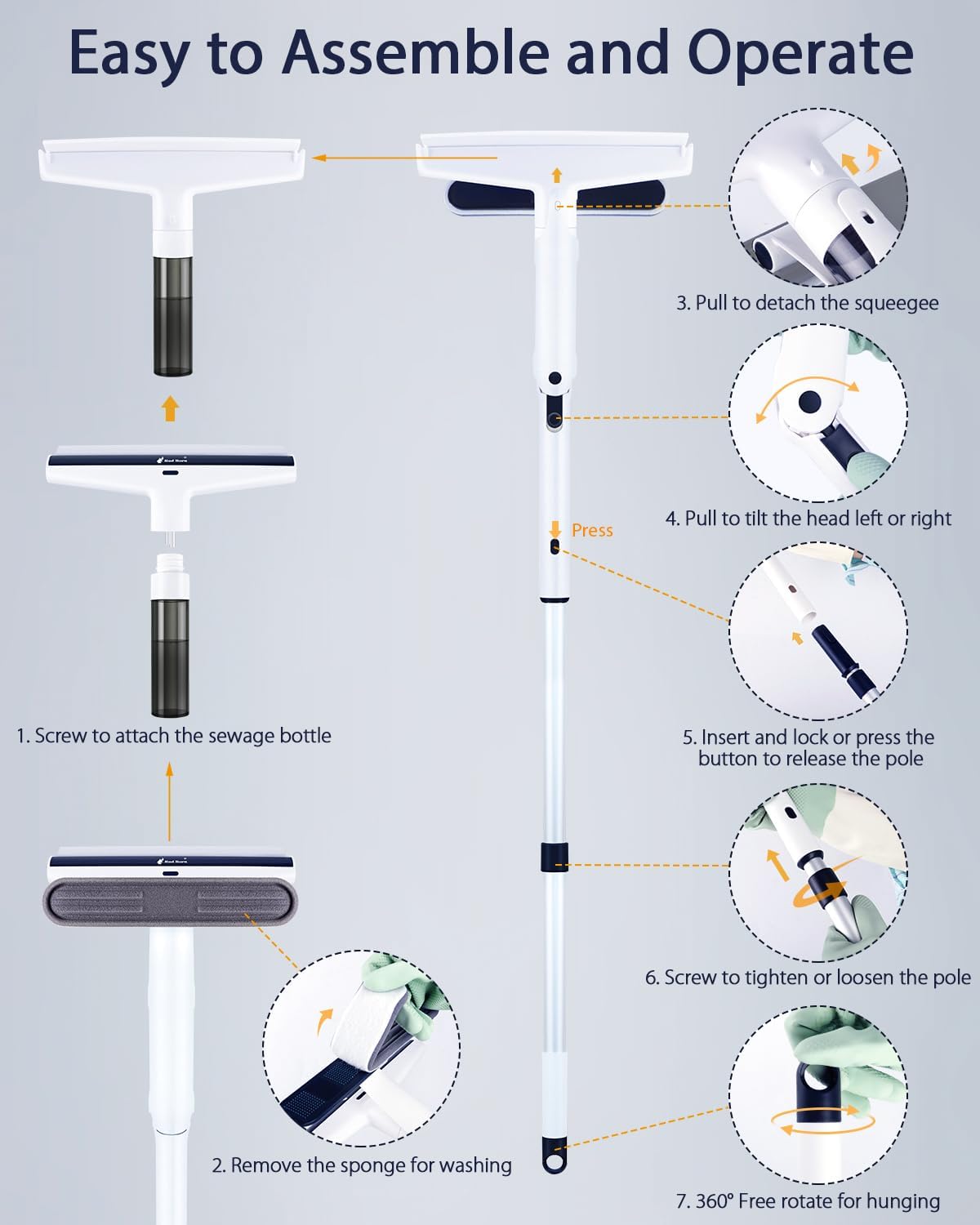 Red Horn Window Squeegee with Long Handle, Mirror Window Cleaning Squeegee Kit with Washable Pad and Blade Cleaner for Glass,Wall, Window, Mirror.White Color