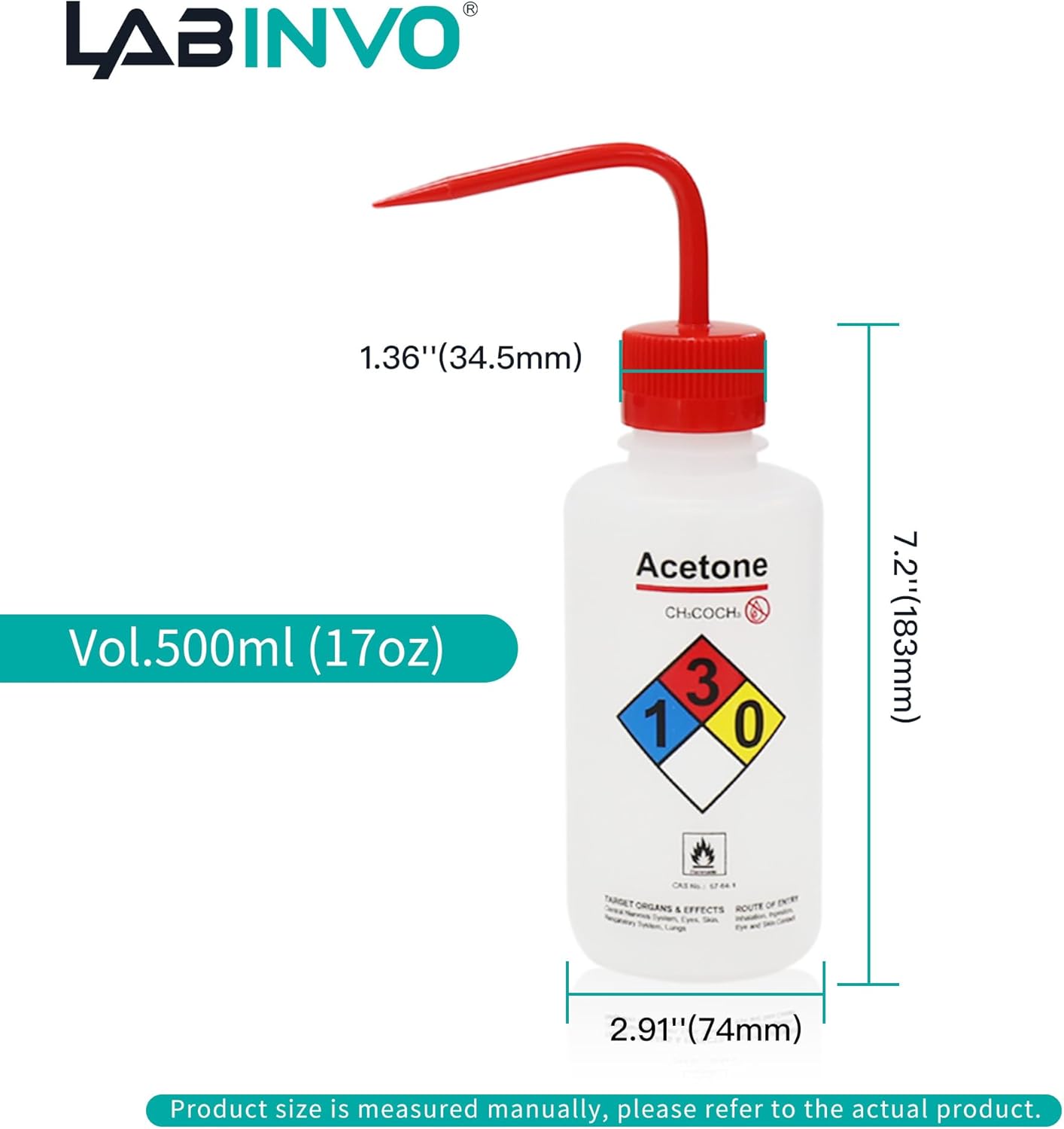 Acetone Wash Bottle, 1PC of Vol.500ml (17oz), Narrow Mouth, Self-Venting Safety Wash Bottle, LDPE Material, IN-WBA501