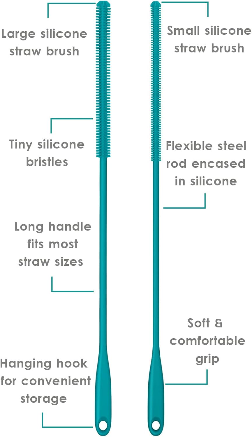 Silicone Straw Brush 4 Pack - (2 Small, 2 Wide) - 10 Inch Reusable Straw Cleaner, Pipe Cleaner, Glass and Detailing Tool (Turquoise)