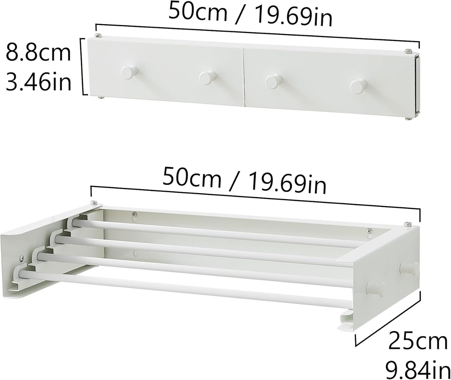 Clothes Drying Rack, Laundry Hanger Dryer Rack, Wall Mounted Drying Rack for Laundry, Foldable Drying Rack Indoor Outdoor,19.7" Wide,4 Aluminum Rods with Hooks, 40 lb Capacity (White 19.7" Hooks)