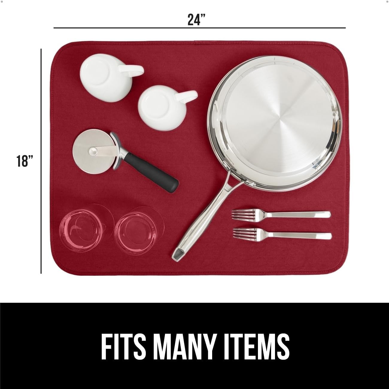 GORILLA GRIP Ultra Water Absorbent Microfiber Dish Drying Mat, 18x24, Quick Dry Thick Mesh, Slip Resistant Pad for Sink Dishes or Under Rack, Kitchen Counter Accessories, Machine Wash Mats, Red