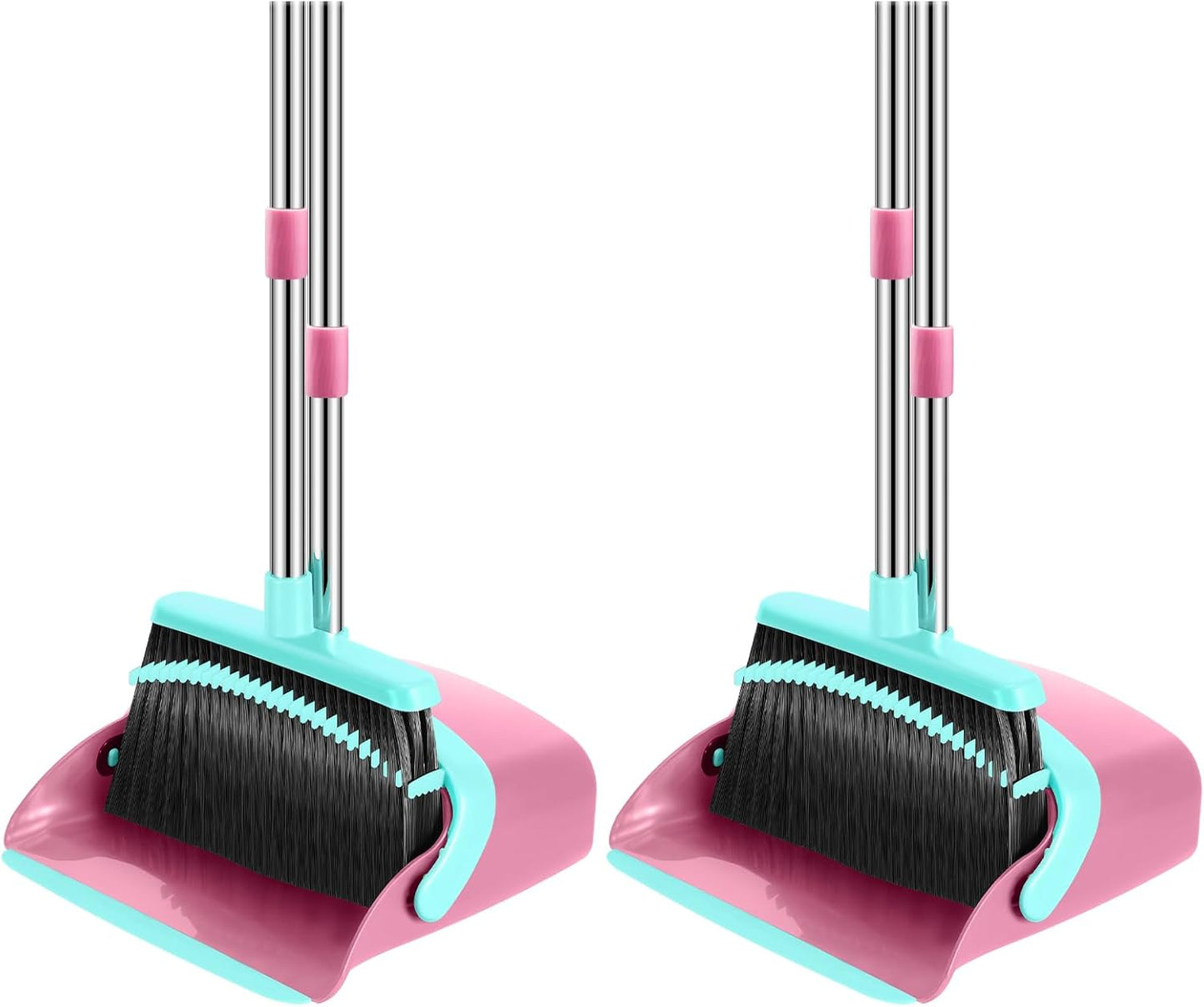 Broom and Dustpan Set, 52-in Long Adjustable Handle Broom Dustpan Combo with Dust pan Teeth to Automatically Clean Hair Suitable for Home Kitchen Office Hall Floor (Pink&Blue), 2 Pack