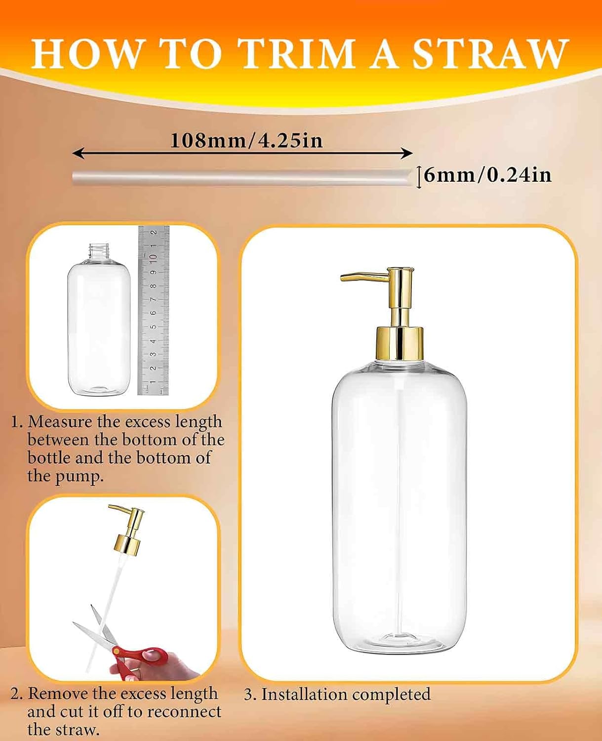 6 Pack Gold Soap Dispenser Pump, Top Replacement for Lotion & Regular Glass Bottles (Standard Diameter 28/400 Neck Size)