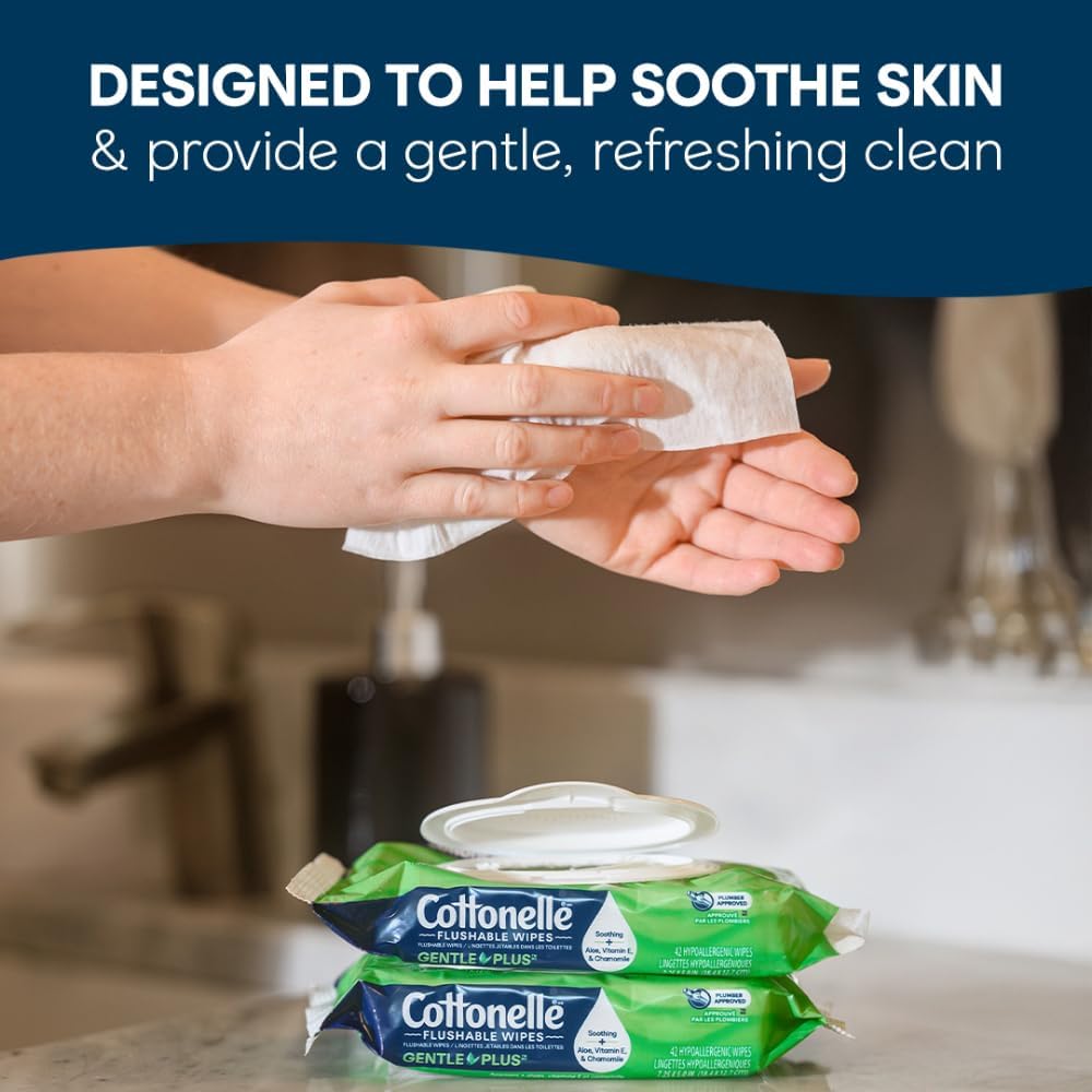 Cottonelle GentlePlus Flushable Wet Wipes with Aloe & Vitamin E, 4 Flip-Top Packs, 42 Wipes Per Pack (168 Total Wipes), Packaging May Vary