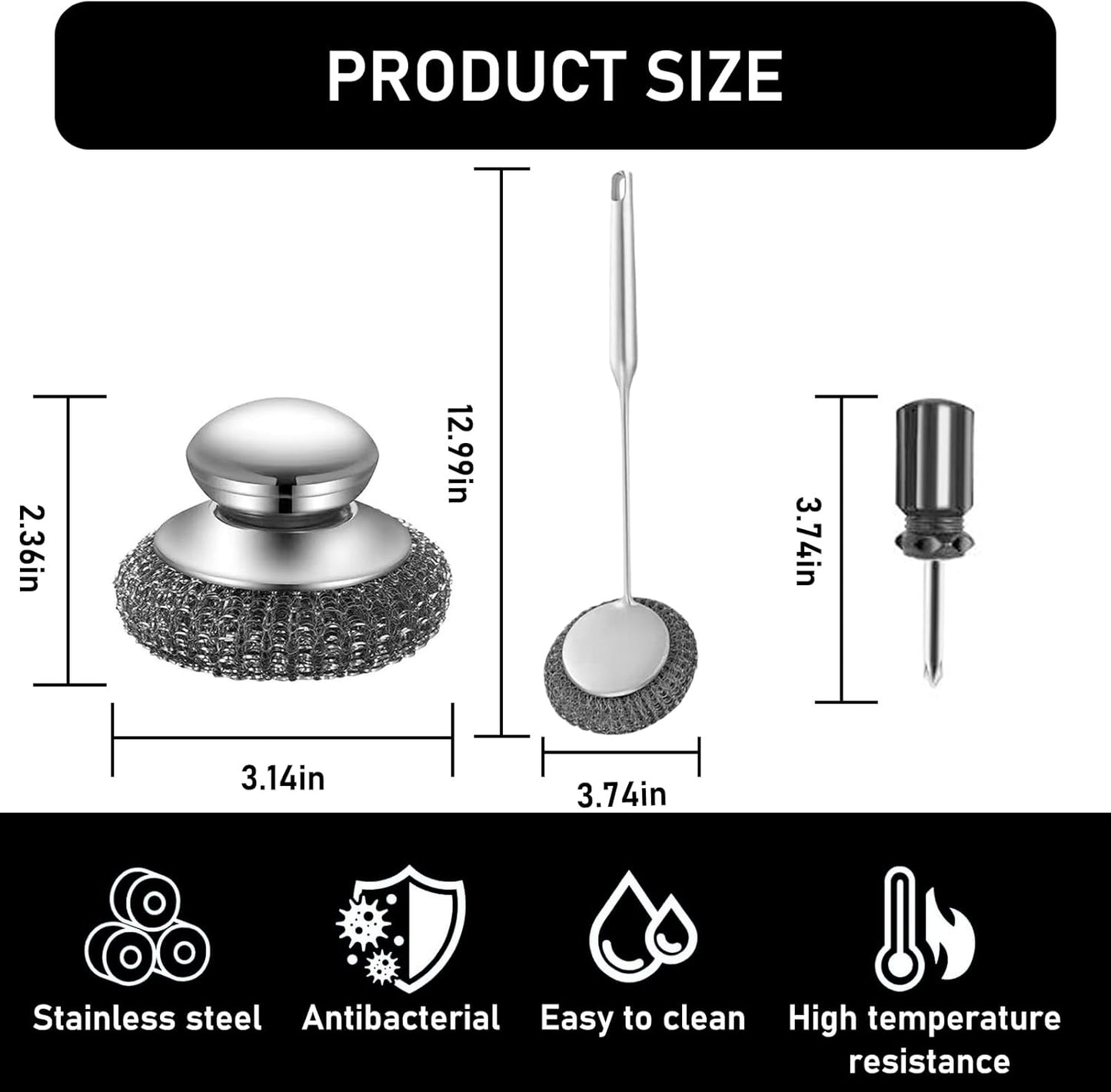 Stainless Steel Wool Metal Wire Scrubber Sponge Scouring Pads Brush Set with Handle for Cleaning Dishes,Pots and Pans,Kitchen Cast Iron,Stoves, Sink,Cooking Tools,Silver（9pcs）