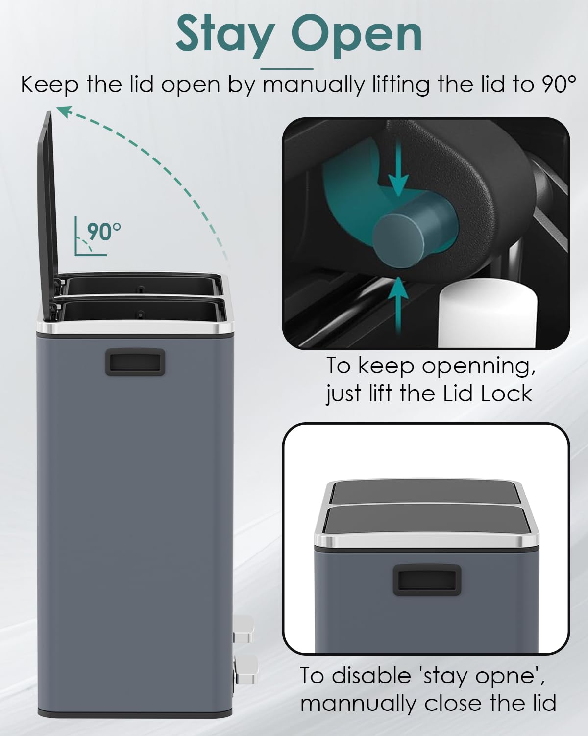 Arlopu 16 GallonStainless Steel Trash Can, 60L Dual Compartment, Metal Kitchen Step Recycle Bin, Metal Double Dustbin, in-Home Garbage Rubbish Can W/Removable Liner Buckets (Grey)