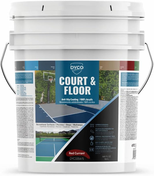 DYCO Court & Floor Anti-Slip Coating - Slip-Resistant Pavement, Cement & Concrete Paint for Pickleball, Tennis & Basketball Courts, Exceeds ADA Standards for Safety Areas (Red Currant, 5 Gallons)