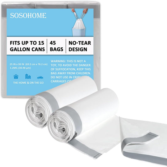 15 Gallon Tall Kitchen Trash Bags Drawstring - 1.2 Mil Thick White Garbage Bag for Office Kitchen, 45 Count