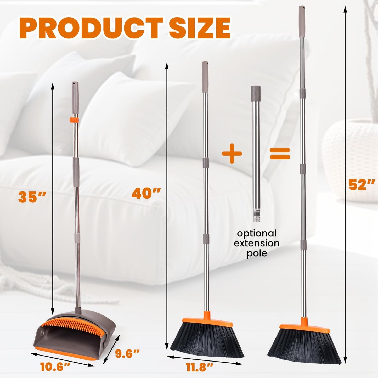 POWERJET Upright Broom & Dustpan Set (420900), Angled Lobby Broom, Exclusive Long Handle Extendable 52”, Self-Cleaning with Dustpan Teeth, Sweeping Indoor & Outdoor Home & Office Cleaning