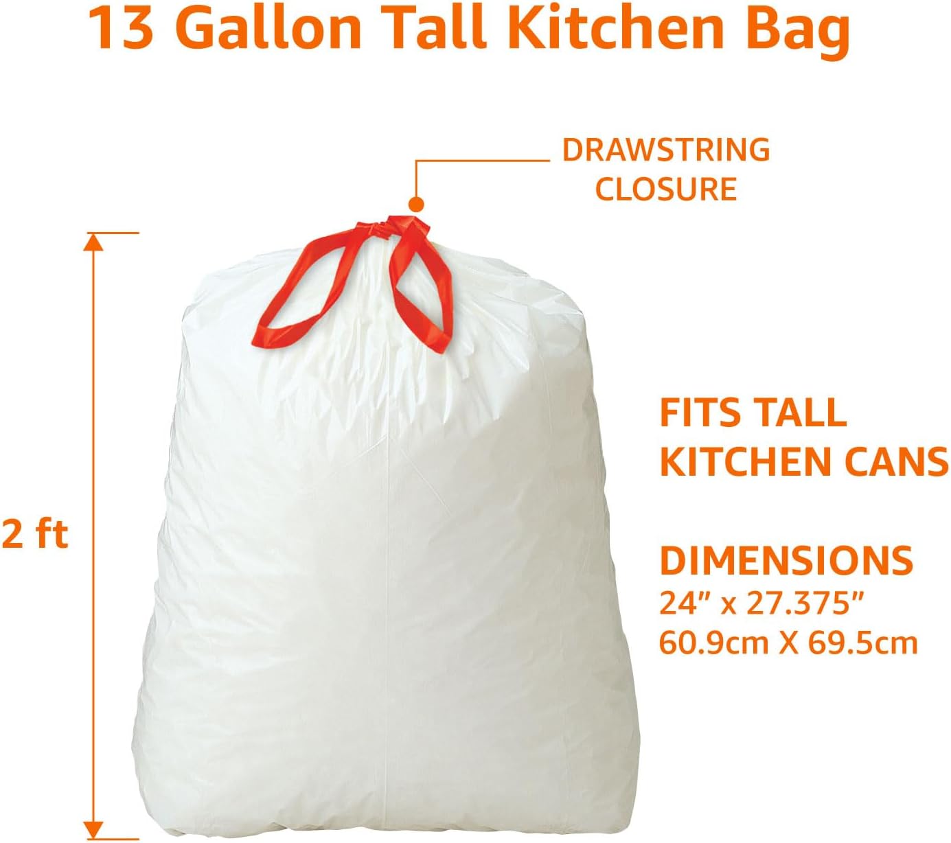 Amazon Basics 13 Gallon Tall Kitchen Drawstring Trash Bags, Clean Fresh Scent, 10% Post Consumer Recycled, 45 Count