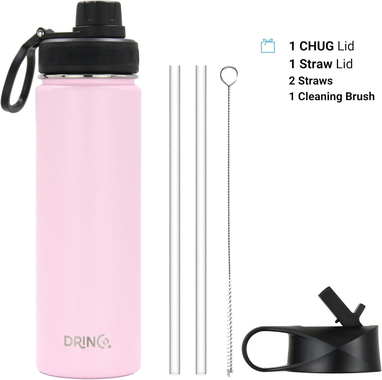 DRINCO Stainless Steel Water Bottle Spout Lid Vacuum Insulated Double Wall Water Bottle Wide Mouth (40oz 32oz 22oz 18oz 14oz) Leak Proof Keeps Cold or Hot (22 oz, 22oz Flamingo Pink)