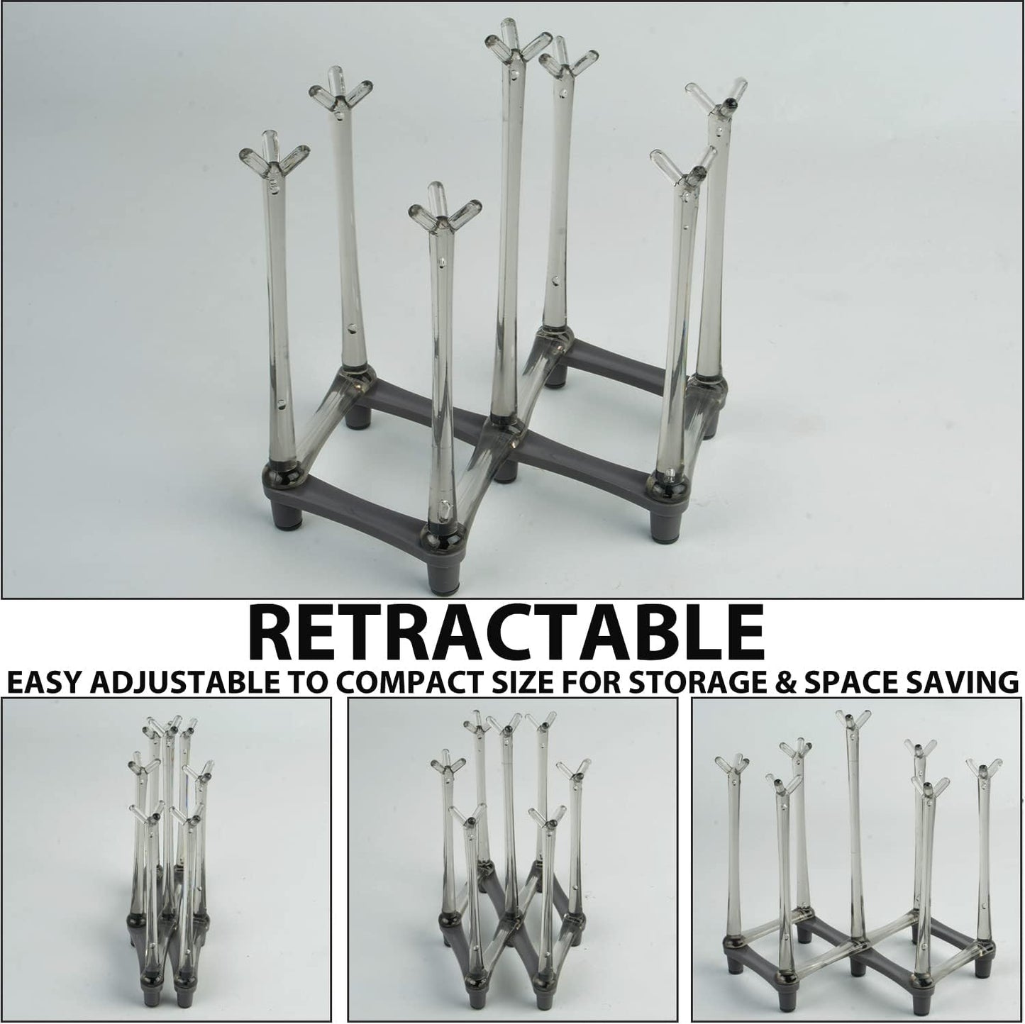 2 Pcs Cup Drying Racks Set, Retractable Drinking Glass & Baby Bottle Drainer Stand, PP Material Mug Draining Organizer, Kitchen Countertop Dishes Holder, Gray