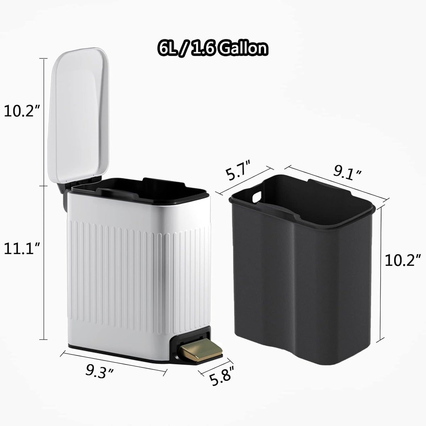 CEROELDA Small Bathroom Trash Can with Lid Soft Close-5L/1.3 Gal Slim Garbage Can-Metal Step Wastebasket-Rectangle Narrow Waste Bin for Office, Bedroom, Toilet, Live Room (Embossed-White)