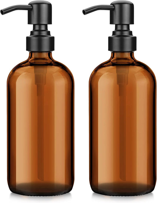 AmazerBath Amber Glass Soap Dispenser, 2 Pack Soap Dispenser Set with Stainless Steel Pump, Vintage Liquid Brown Soap Dispensers Bottle, 17 Oz Dish Soap and Hand Soap Dispensers for Bathroom Kitchen