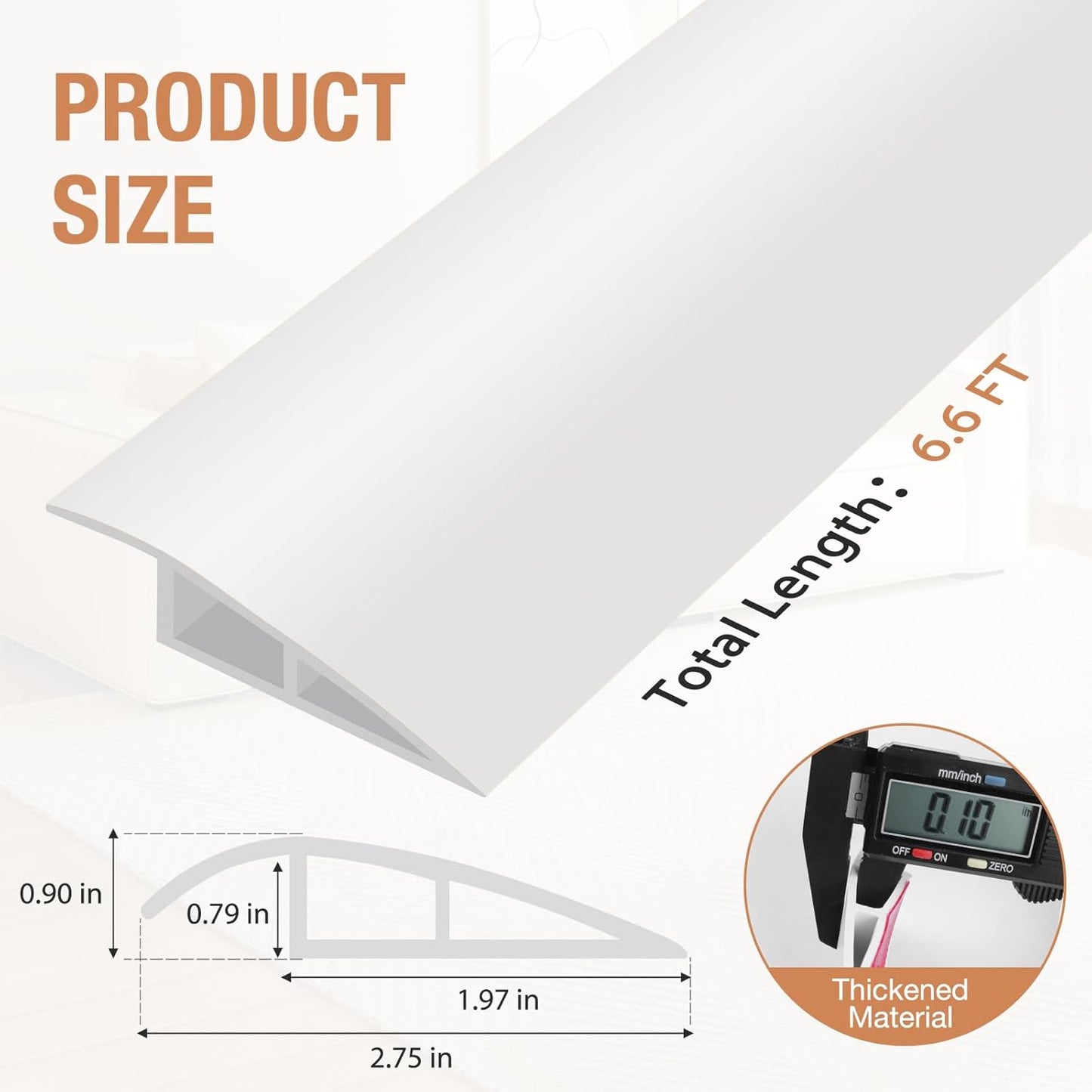 Floor Transition Strip Self Adhesive Vinyl Door Threshold for Doorways Carpet Edging Trim Overlap Edge Reducer for Laminate Floor, Carpet, Tile (White, 3/5" to 4/5", 6.6Ft)