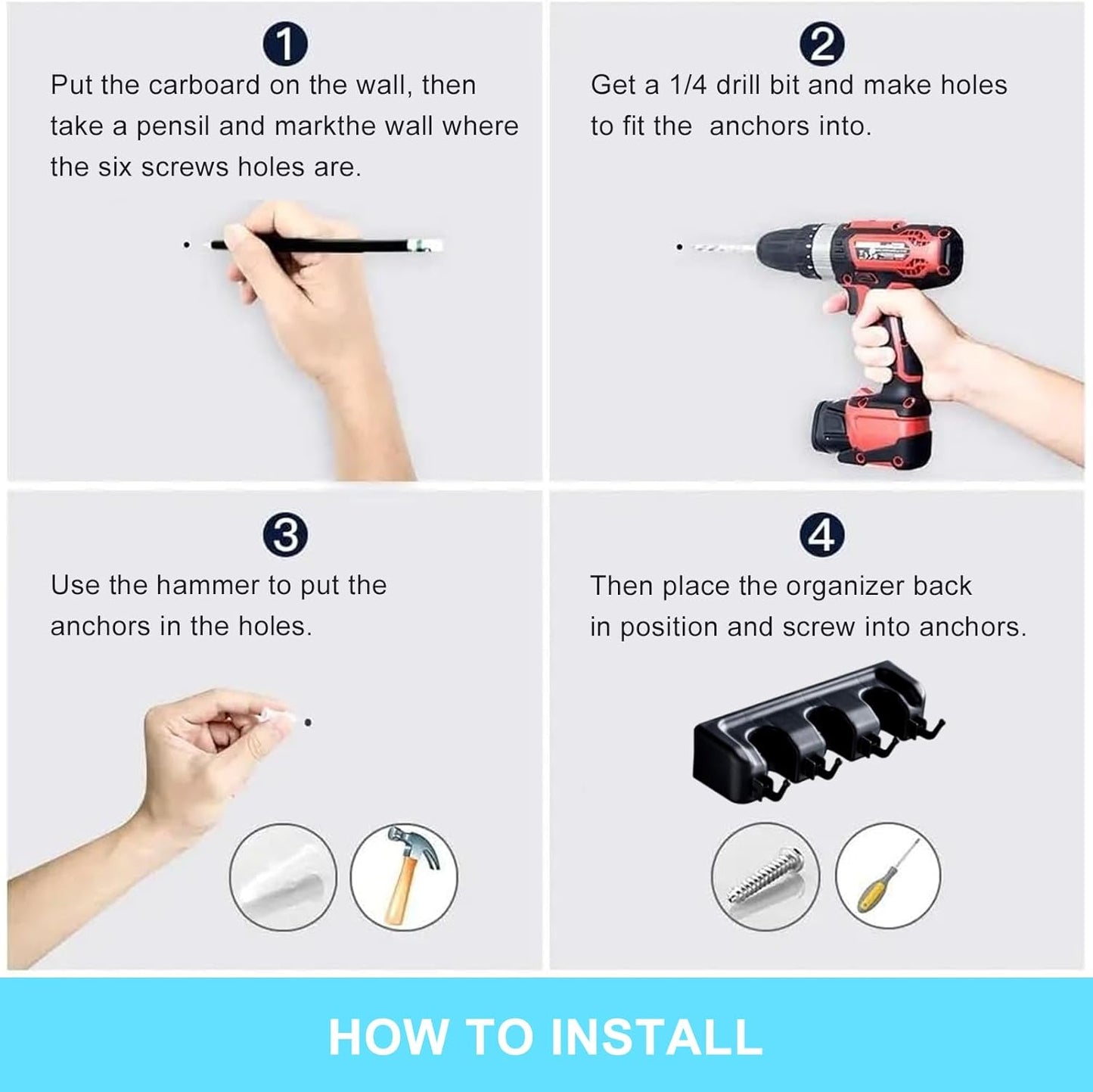 Broom and Mop Holder Wall Mount, Hooks Hanger for Mops and Broom, Organizer Kit with 3 Slots and 4 Hooks, Perfect for House, Bathroom, Laundry, Garden, Tool Room, Garage, Wall Mounted, Black