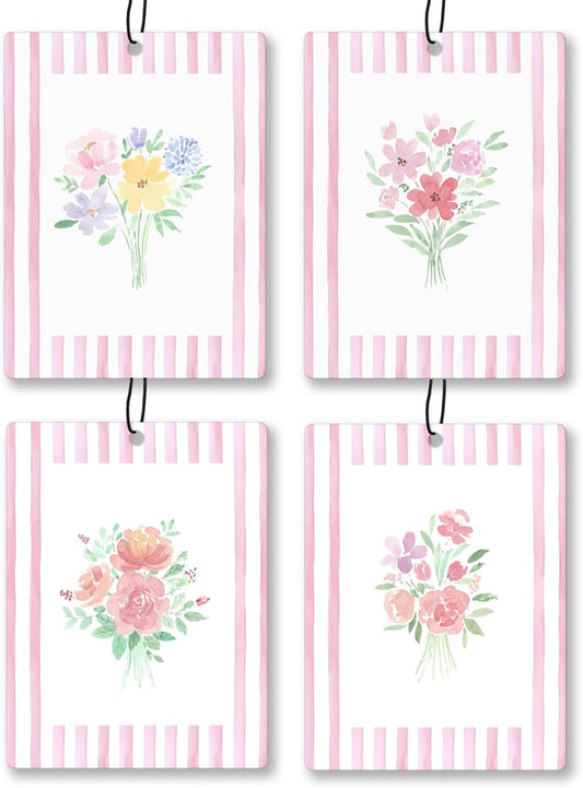 Girly Pink Floral Car Air Freshener 4 Pcs, Preppy Pink Striped Flower Hanging Scents Air Freshener for Women Girls Gifts, Cute Aesthetic Scented Car Accessories Decor for Room Closet Drawer